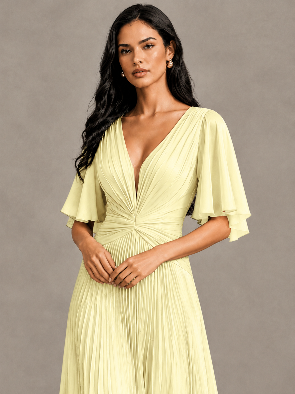 BOLODOO Light Yellow Pleated V-Neck Flutter Sleeve Bridesmaid Dress - Light Yellow - Light Yellow (4)