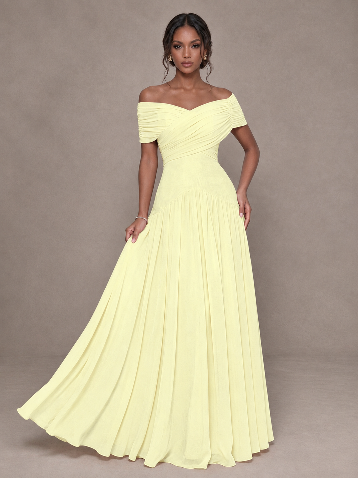 BOLODOO Light Yellow Off-Shoulder Ruched A-Line Bridesmaid Dress - Light Yellow - Light Yellow (4)