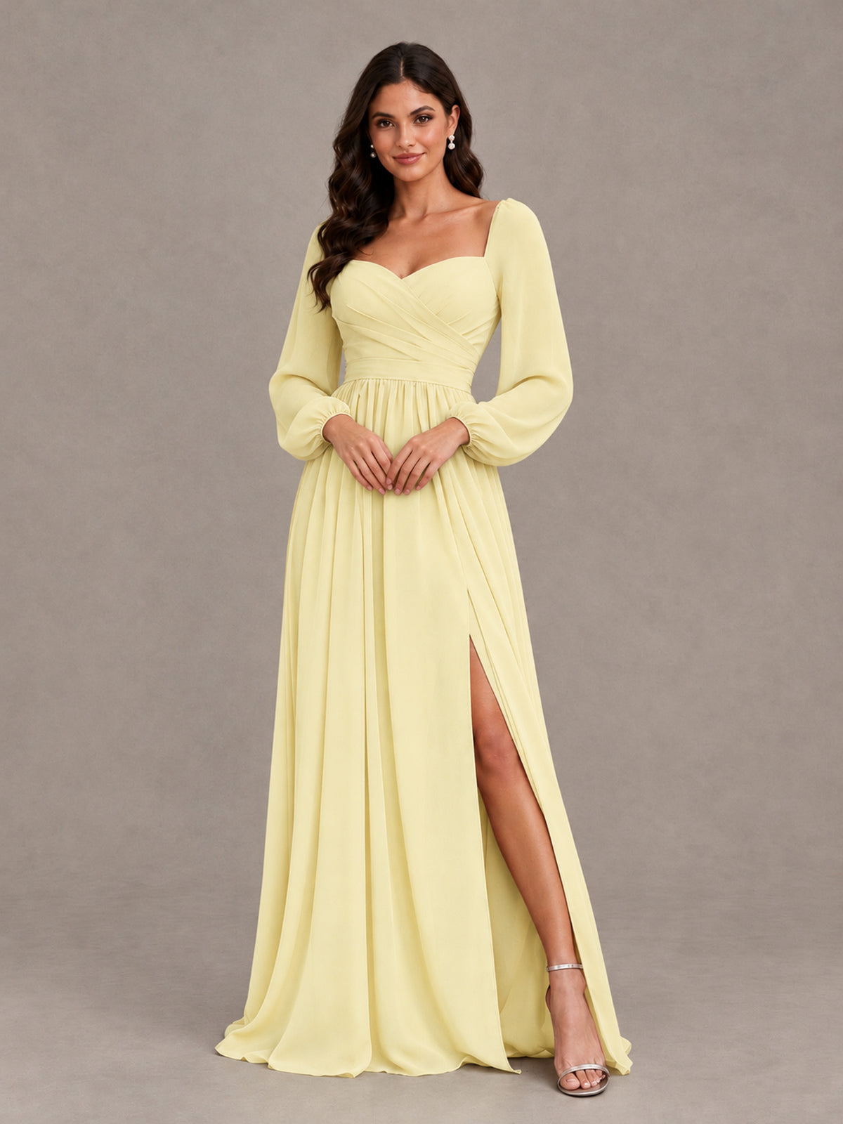 BOLODOO Light Yellow Long Sleeve Chiffon Bridesmaid Dress with Slit - Light Yellow - Light Yellow (4)