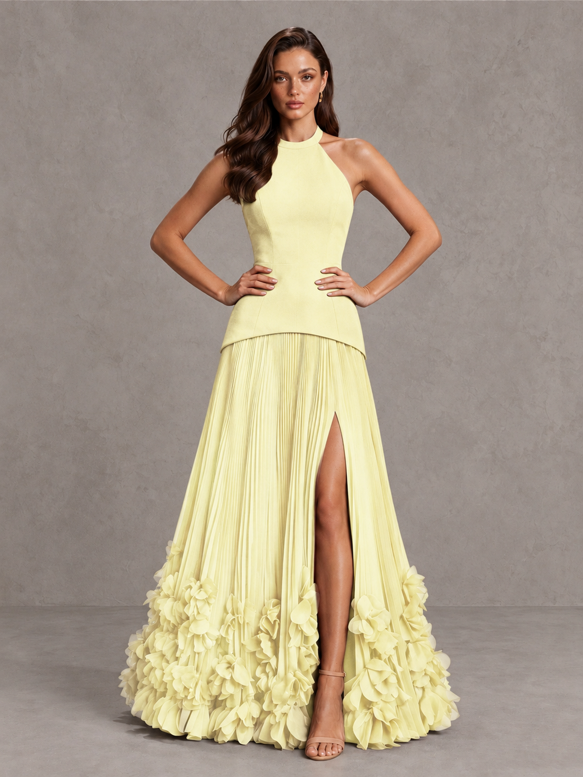 BOLODOO Light Yellow Halter Neck Floor-Length Evening Gown with High Slit & 3D Floral Hem - Light Yellow - Light Yellow (4)