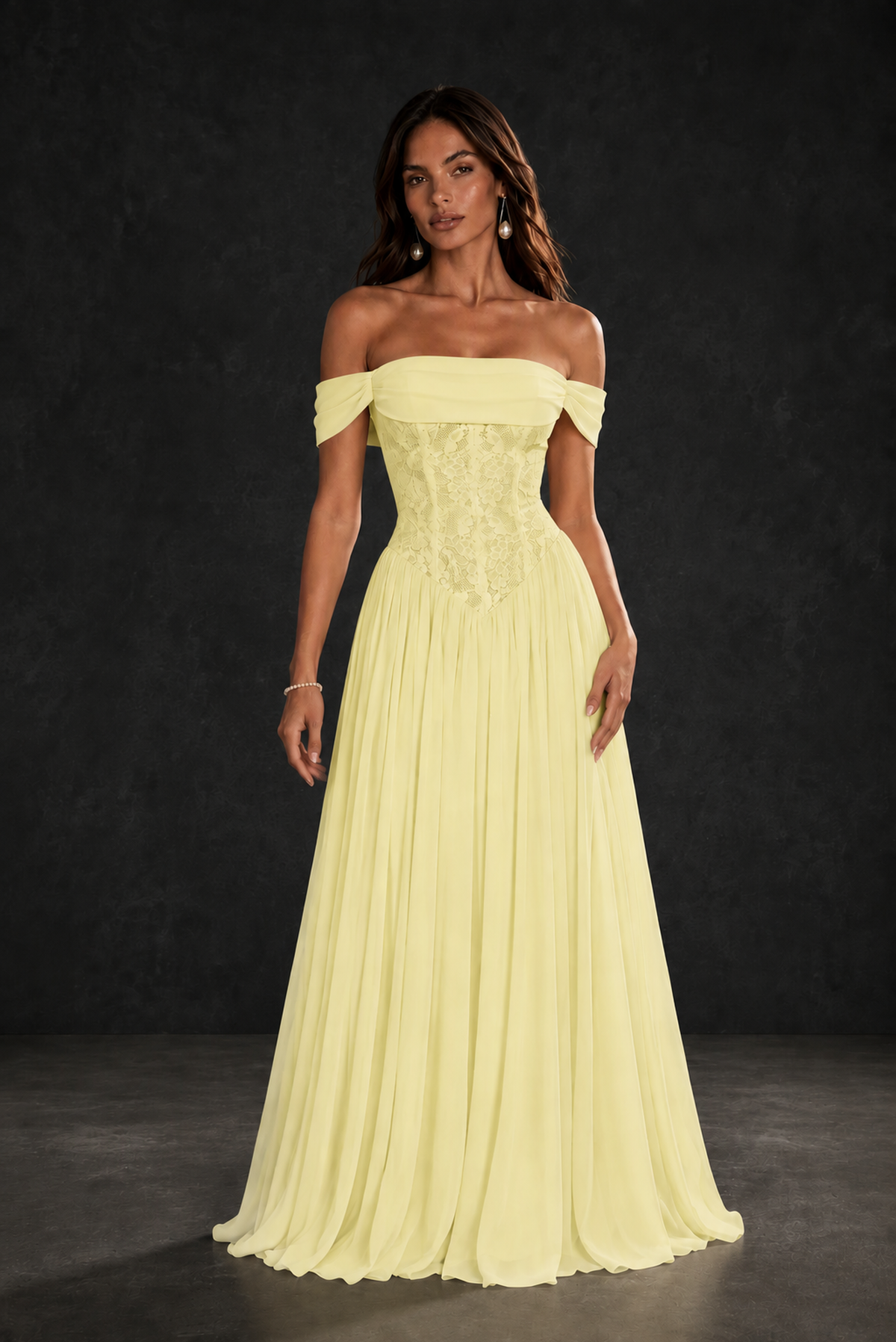 BOLODOO Light Yellow Off-Shoulder Lace Corset Tulle Maxi Dress - Light Yellow