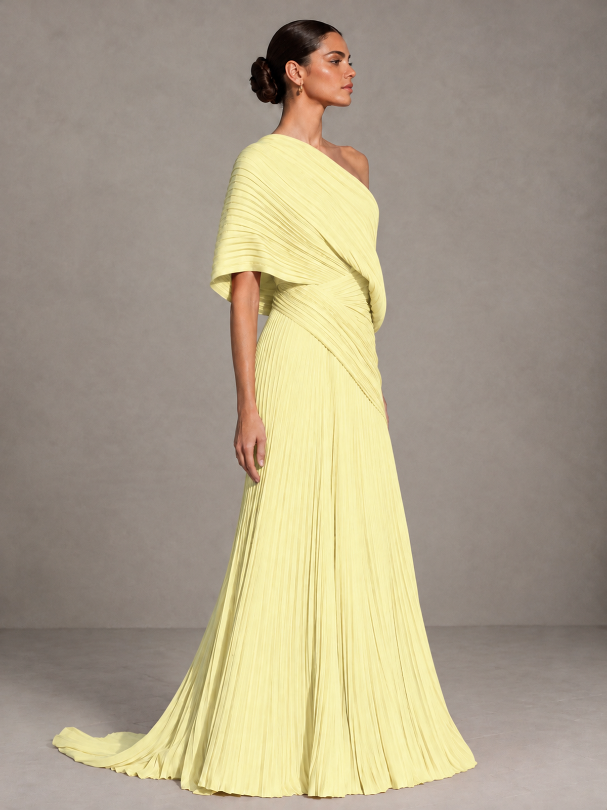 BOLODOO Light Yellow One-Shoulder Pleated Cape Evening Gown with Train - Light Yellow - Light Yellow (4)