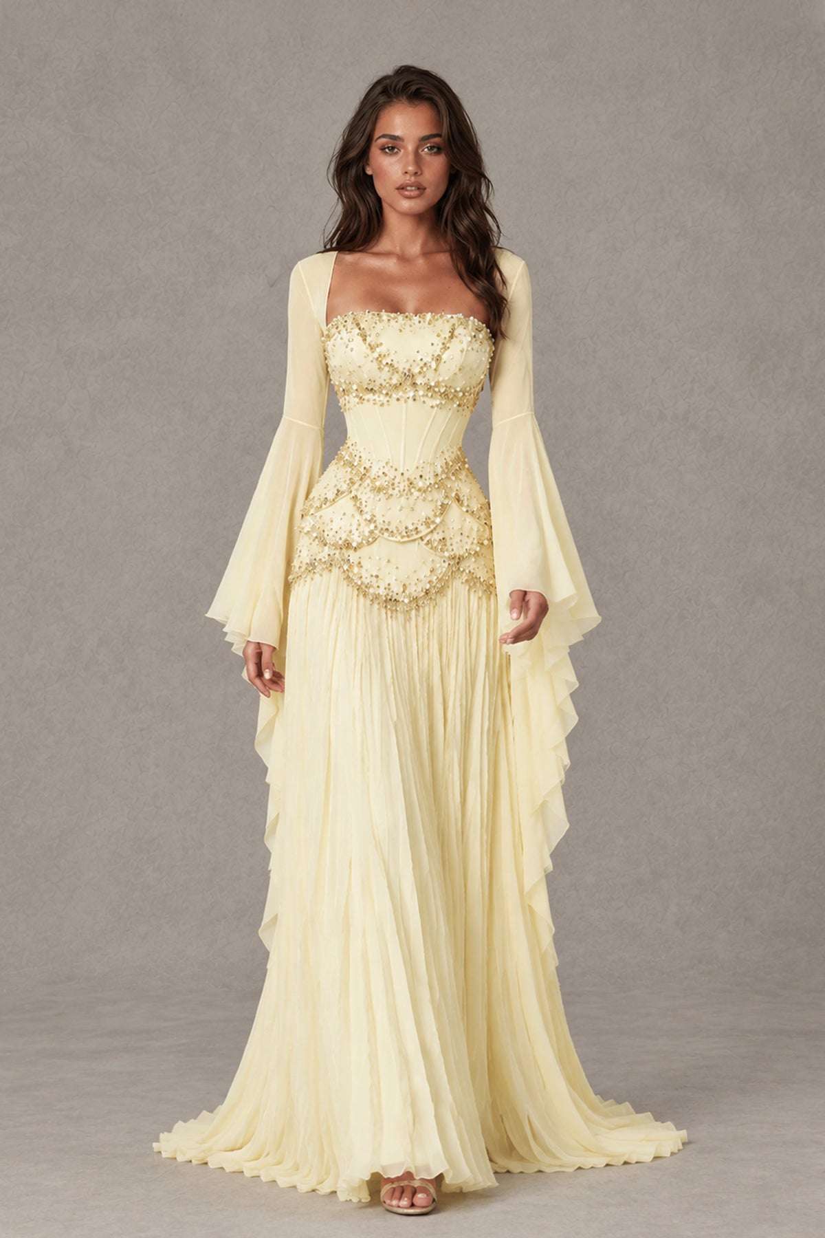 BOLODOO Light Yellow Embellished Corset Gown with Long Bell Sleeves - Light Yellow