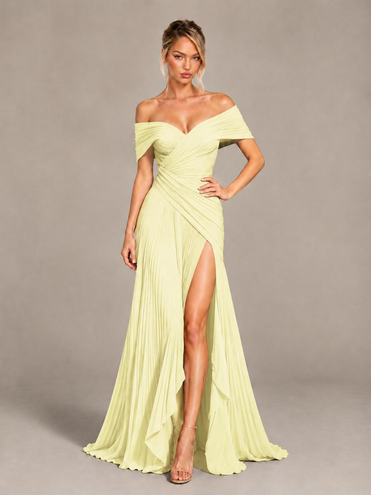 BOLODOO Light Yellow Off-Shoulder Ruched Pleated Maxi Dress with High Slit - Light Yellow - Light Yellow (4)