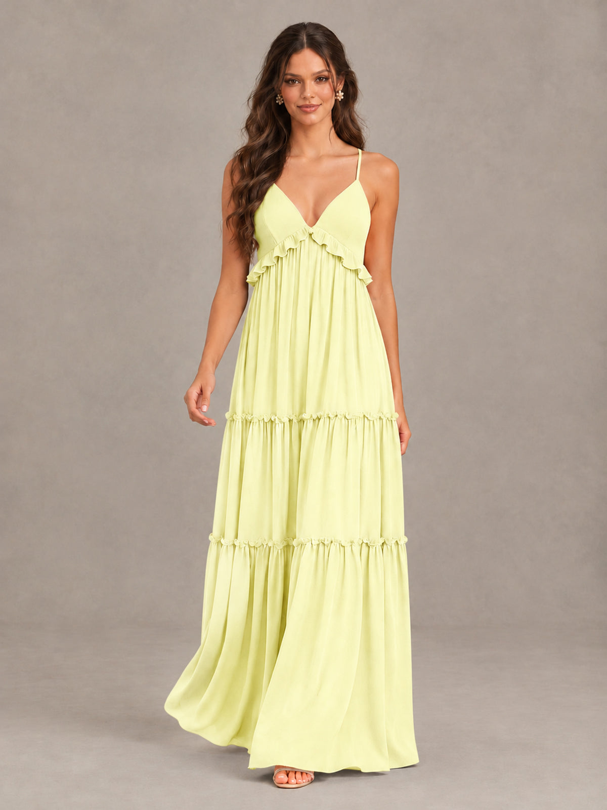 BOLODOO Light Yellow Tiered V-Neck Lace-Up Back Bridesmaid Dress - Light Yellow - Light Yellow (4)