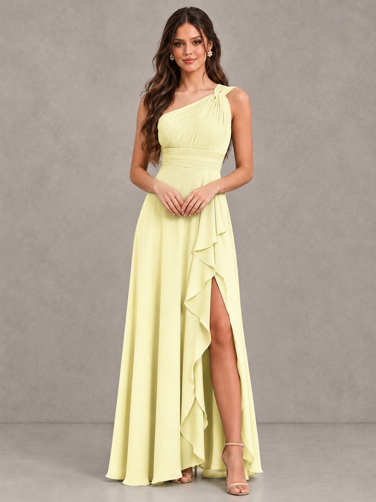BOLODOO Light Yellow One-Shoulder Ruffle Bridesmaid Dress with Slit - Light Yellow - Light Yellow (4)