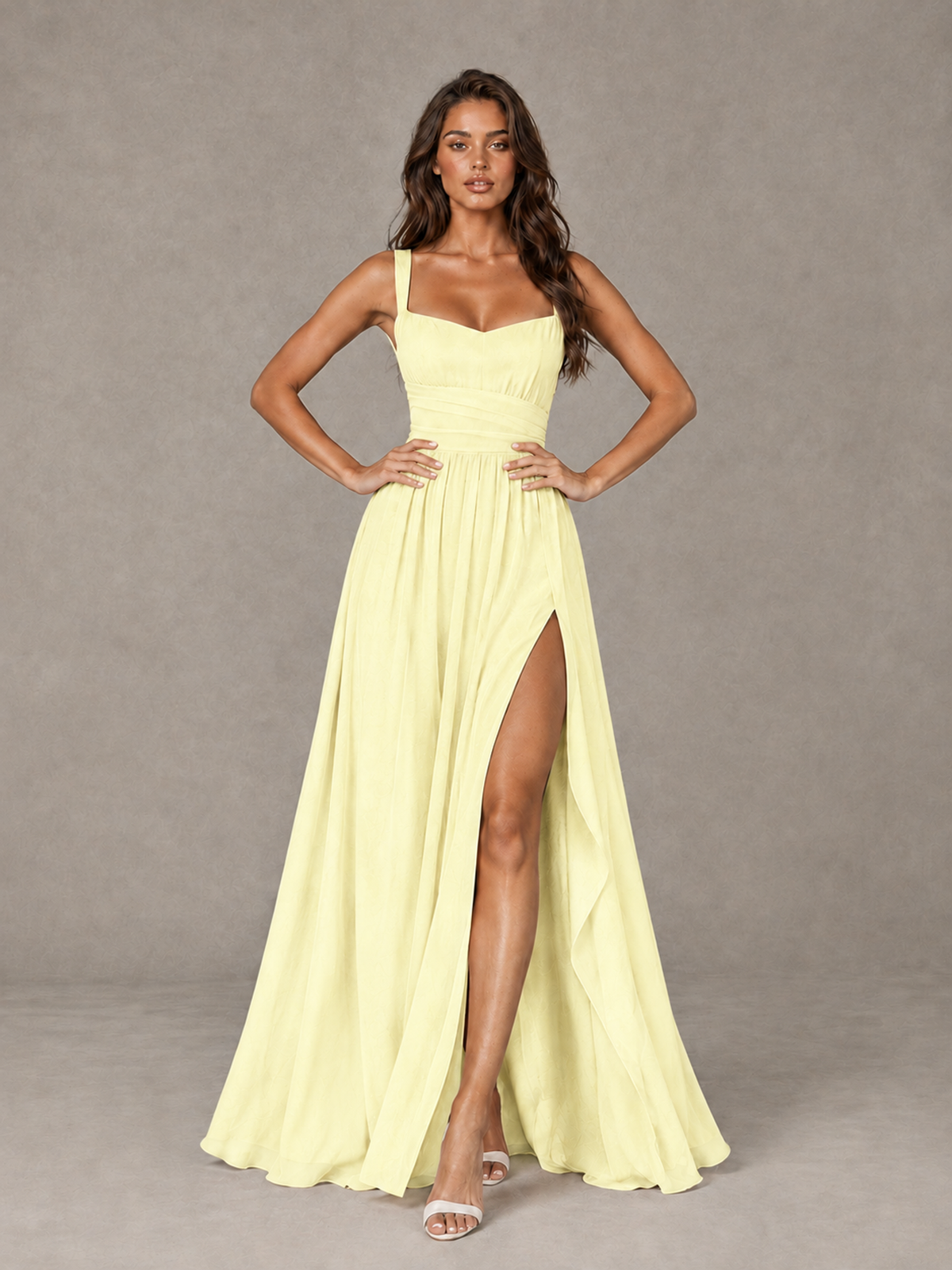 BOLODOO Light Yellow A-Line Bridesmaid Dress with High Slit & Lace-Up Back - Light Yellow - Light Yellow (4)