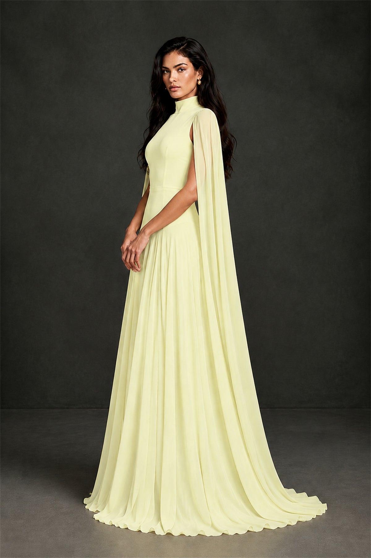 BOLODOO Light Yellow Mock Neck Cape Sleeve A-Line Chiffon Maxi Dress - Light Yellow - Light Yellow (4)