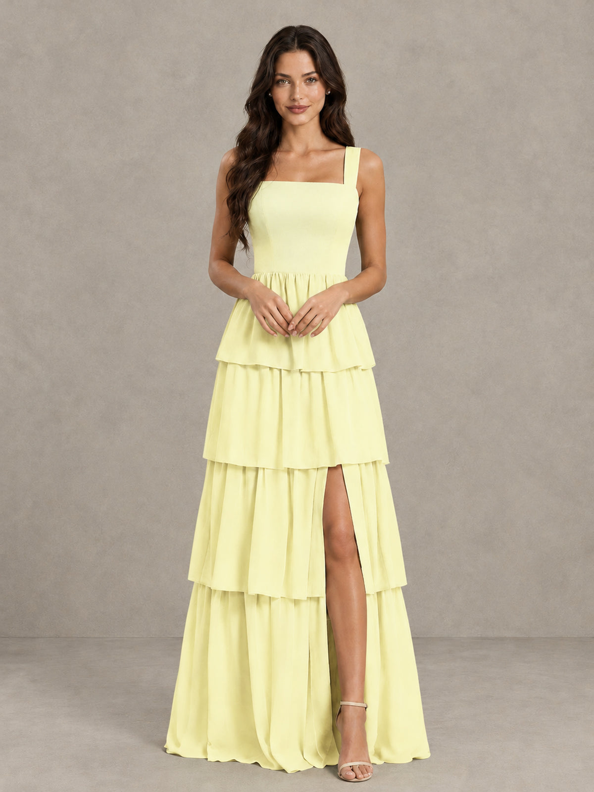 BOLODOO Light Yellow Square Neck Tiered Bridesmaid Dress with Slit - Light Yellow - Light Yellow (4)