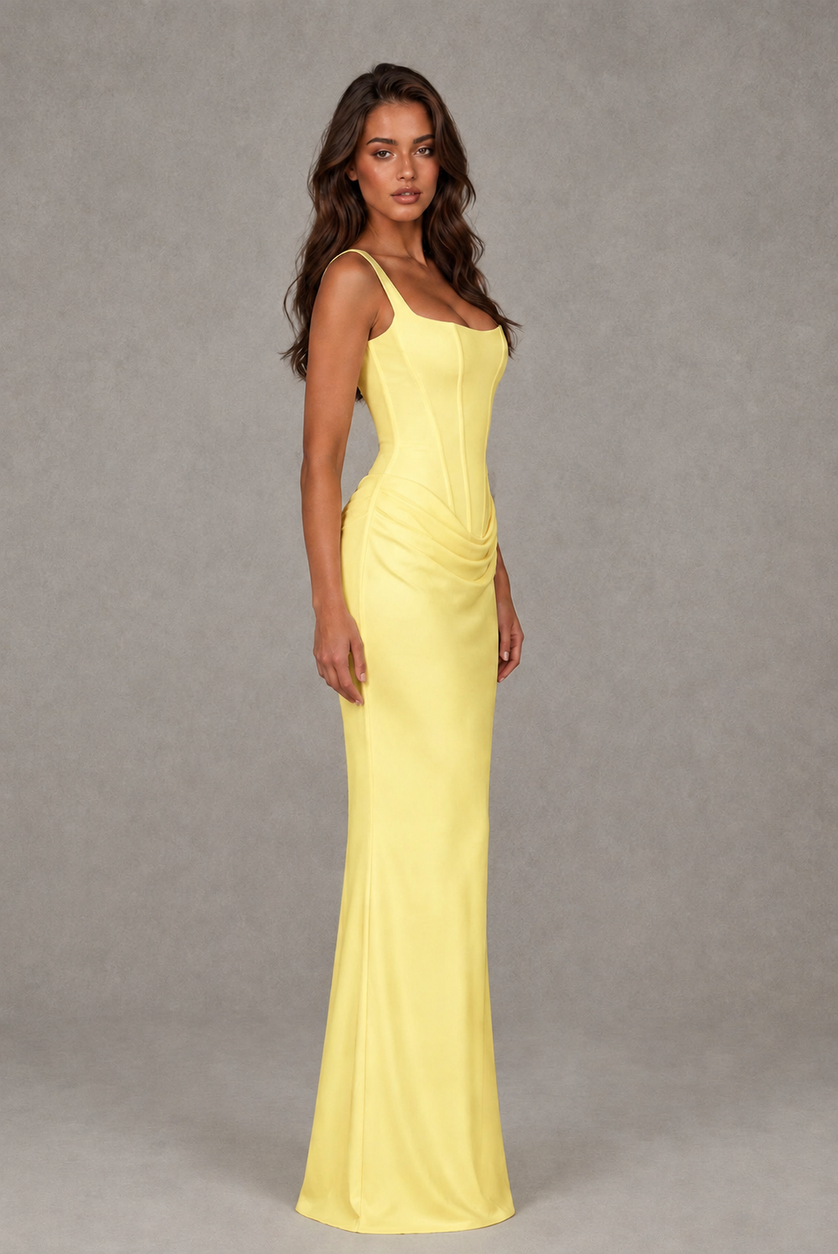BOLODOO Light Yellow Square-Neck Lace-Up Back Bridesmaid Dress - Light Yellow