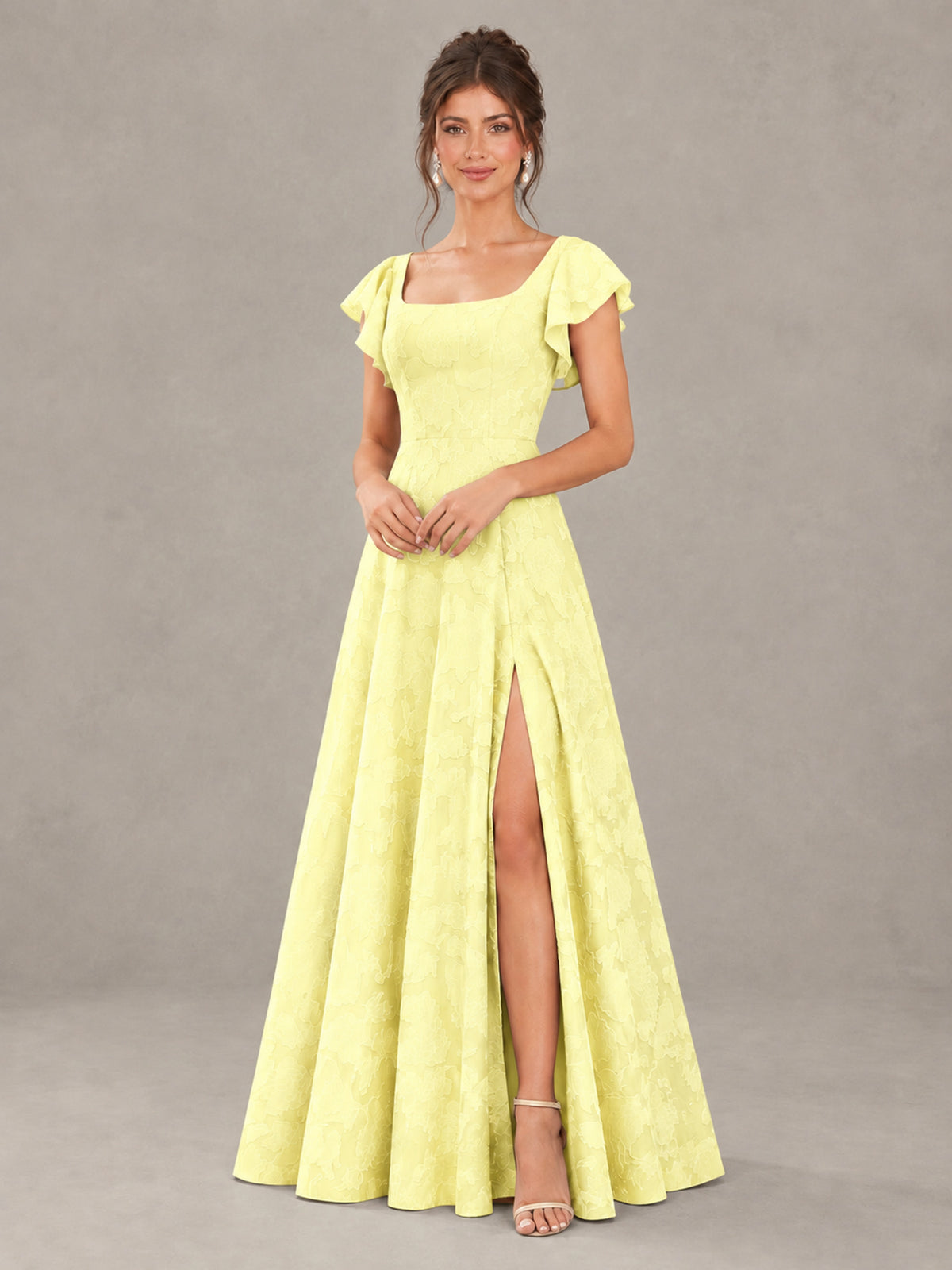 BOLODOO Light Yellow Floral Flutter Sleeve Bridesmaid Dress with Slit - Light Yellow - Light Yellow (4)