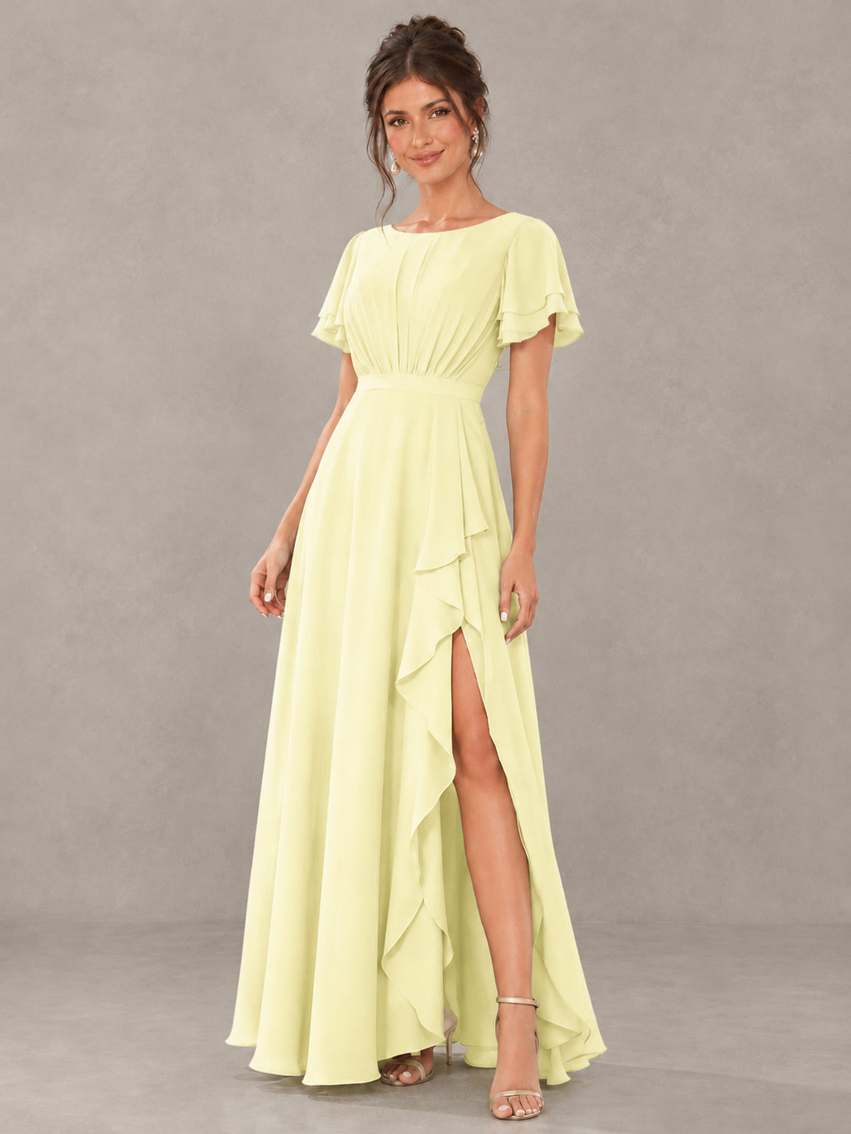 BOLODOO Light Yellow Flutter Sleeve Ruffle Bridesmaid Dress with Slit - Light Yellow - Light Yellow (4)