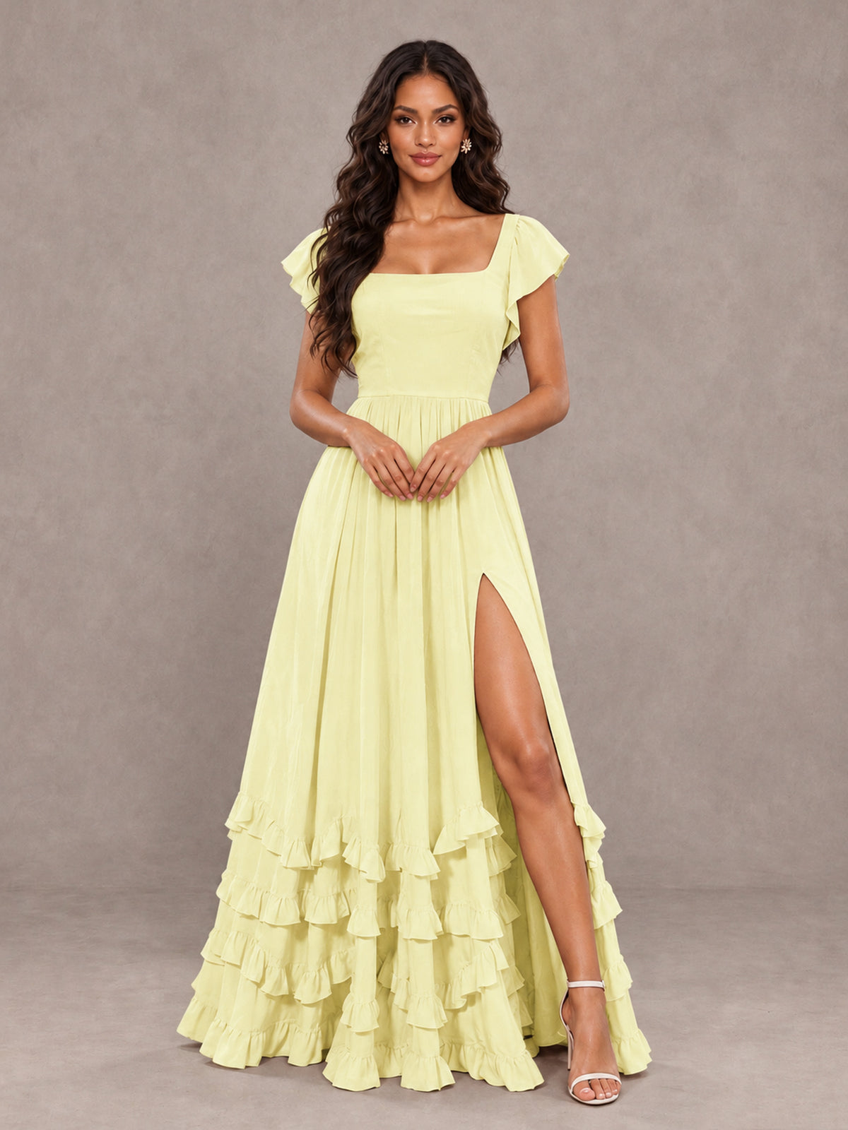 BOLODOO Light Yellow Flutter Sleeve Ruffle Bridesmaid Dress with Slit - Light Yellow - Light Yellow (4)