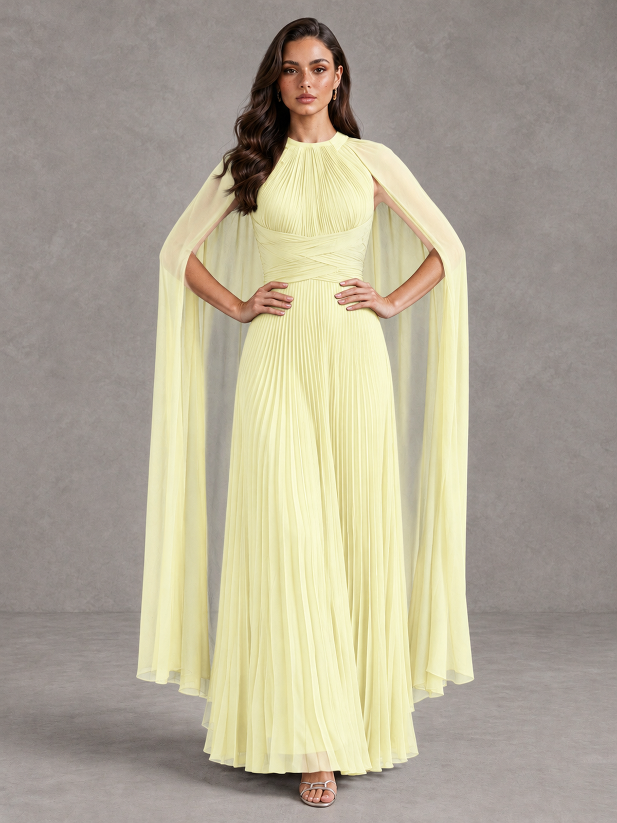 BOLODOO Light Yellow Pleated Cape Maxi Wedding Guest Dress - Light Yellow - Light Yellow (4)