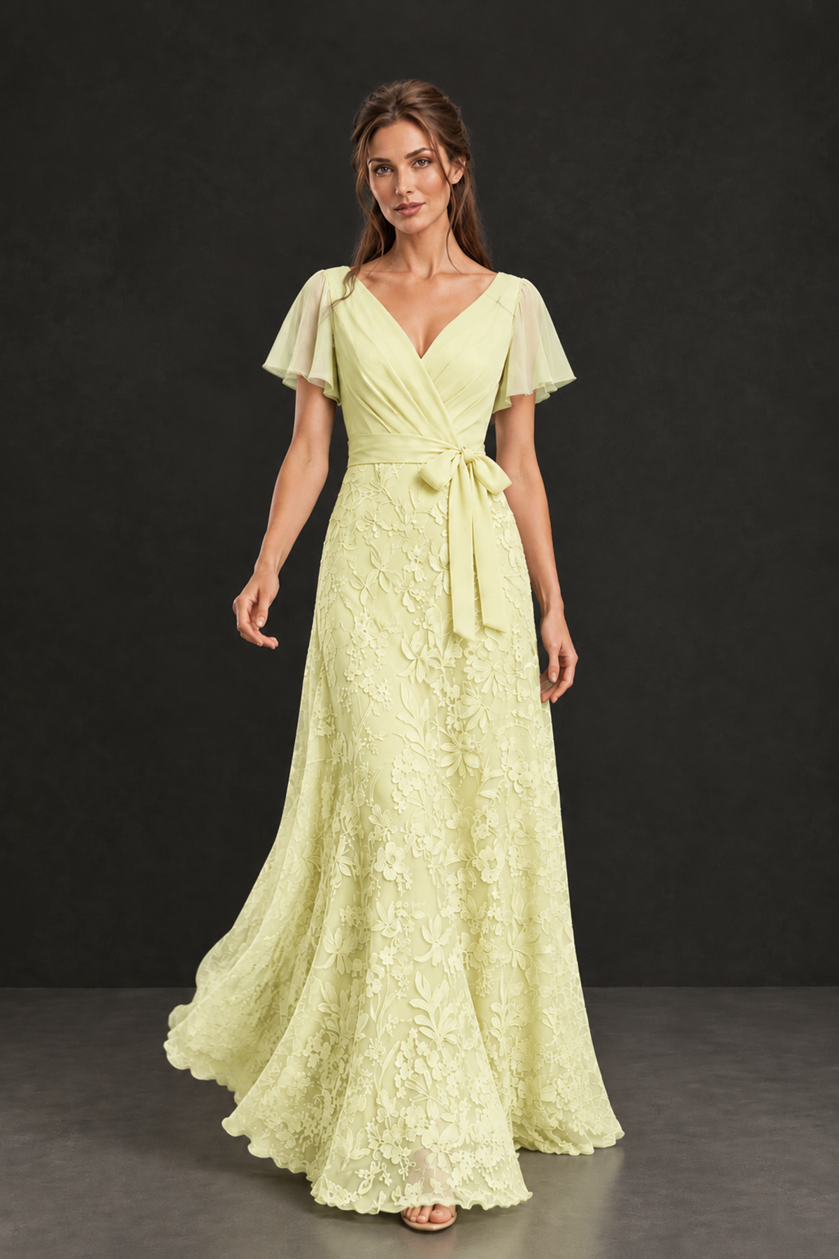 BOLODOO Light Yellow Flutter Sleeve Lace Mother of the Bride Dress - Light Yellow