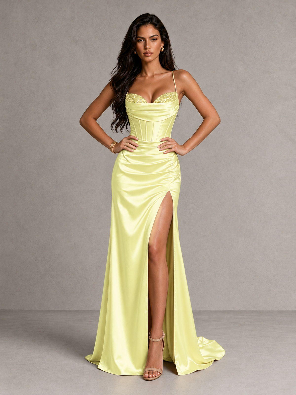 BOLODOO Light Yellow Satin Corset Prom Dress with High Slit & Lace-Up Back - Light Yellow - Light Yellow (4)