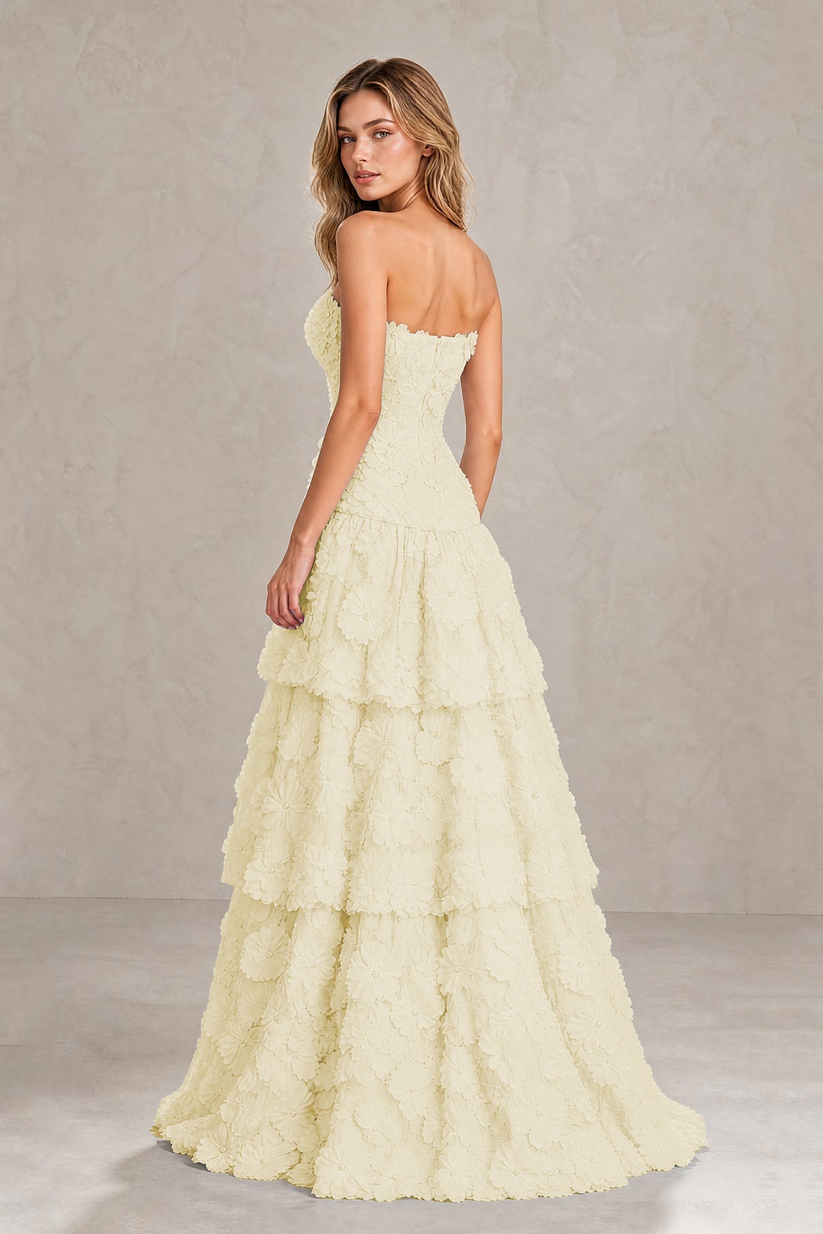 BOLODOO Light Yellow Strapless 3D Floral Tiered Evening Gown - Light Yellow