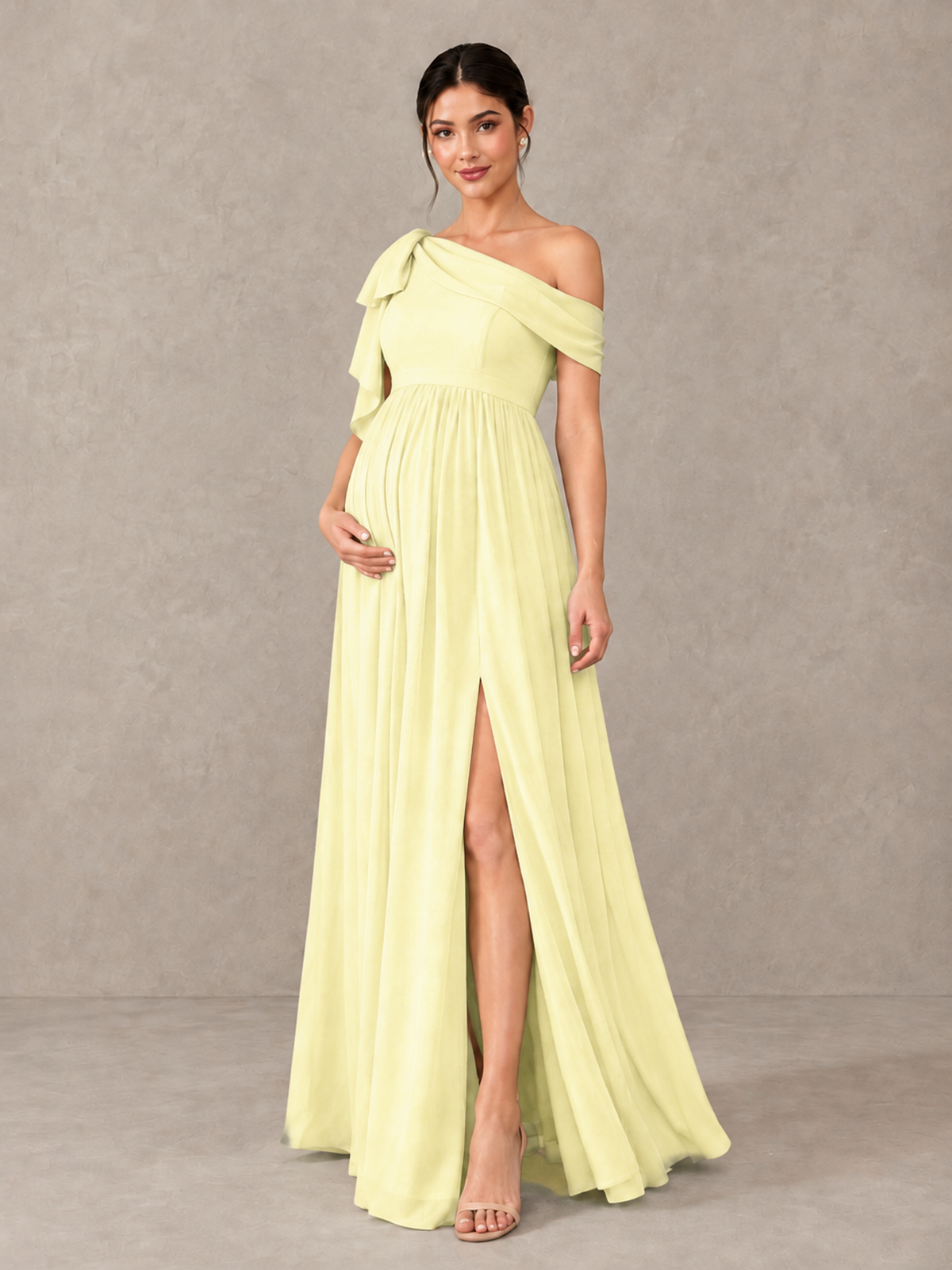 BOLODOO Light Yellow One-Shoulder Maternity Bridesmaid Dress with Slit - Light Yellow - Light Yellow (4)