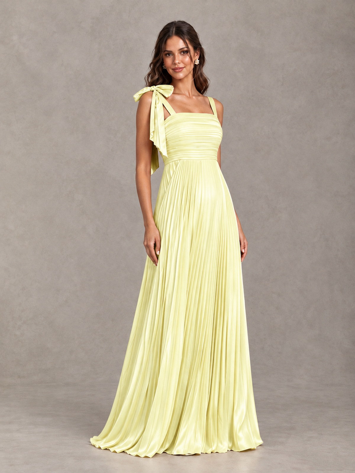 BOLODOO Light Yellow Pleated Bow-Strap Bridesmaid Maxi Dress - Light Yellow - Light Yellow (4)