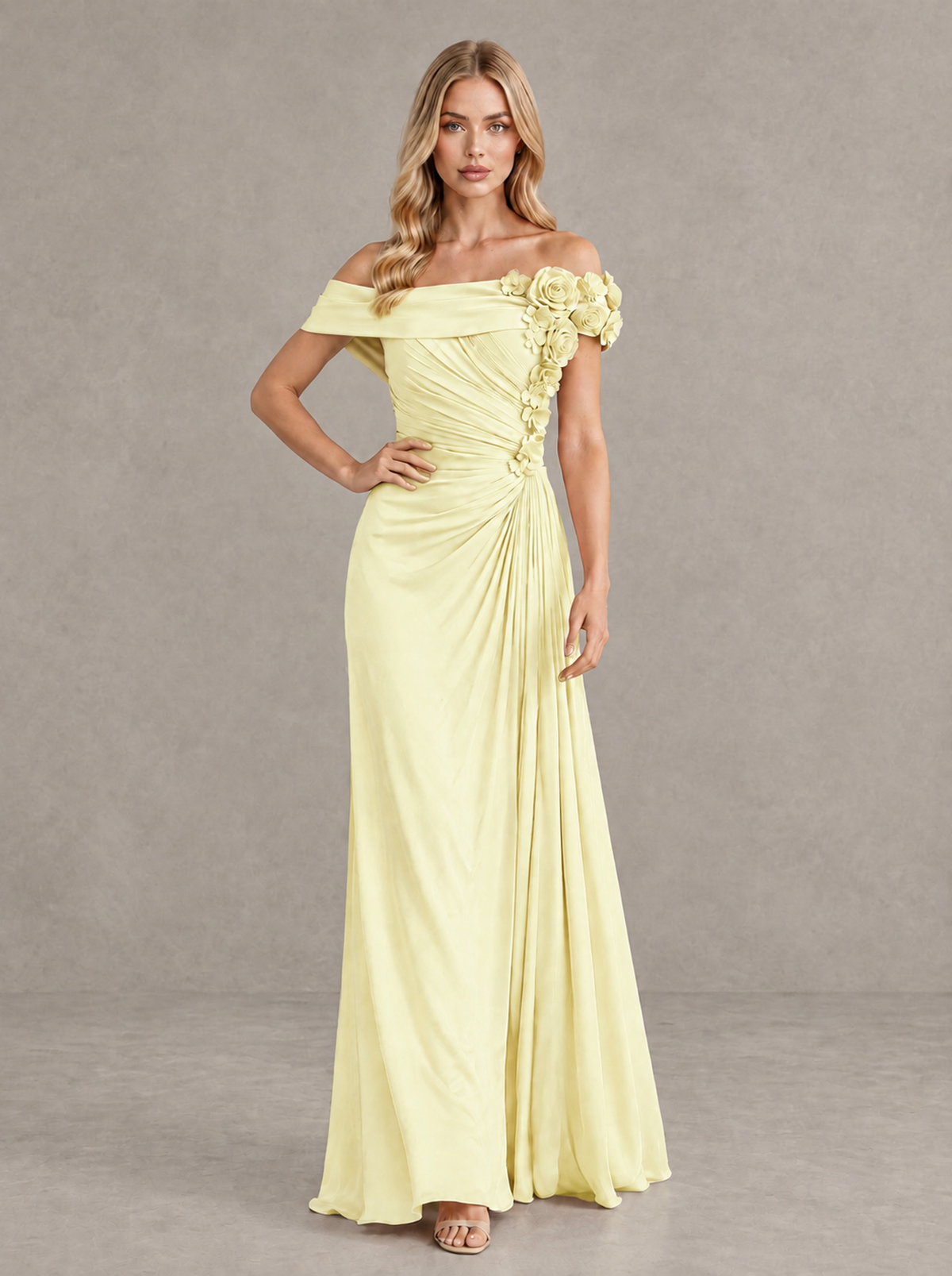 BOLODOO Light Yellow Off-Shoulder Floral Applique Wedding Guest Maxi Dress - Light Yellow - Light Yellow (4)