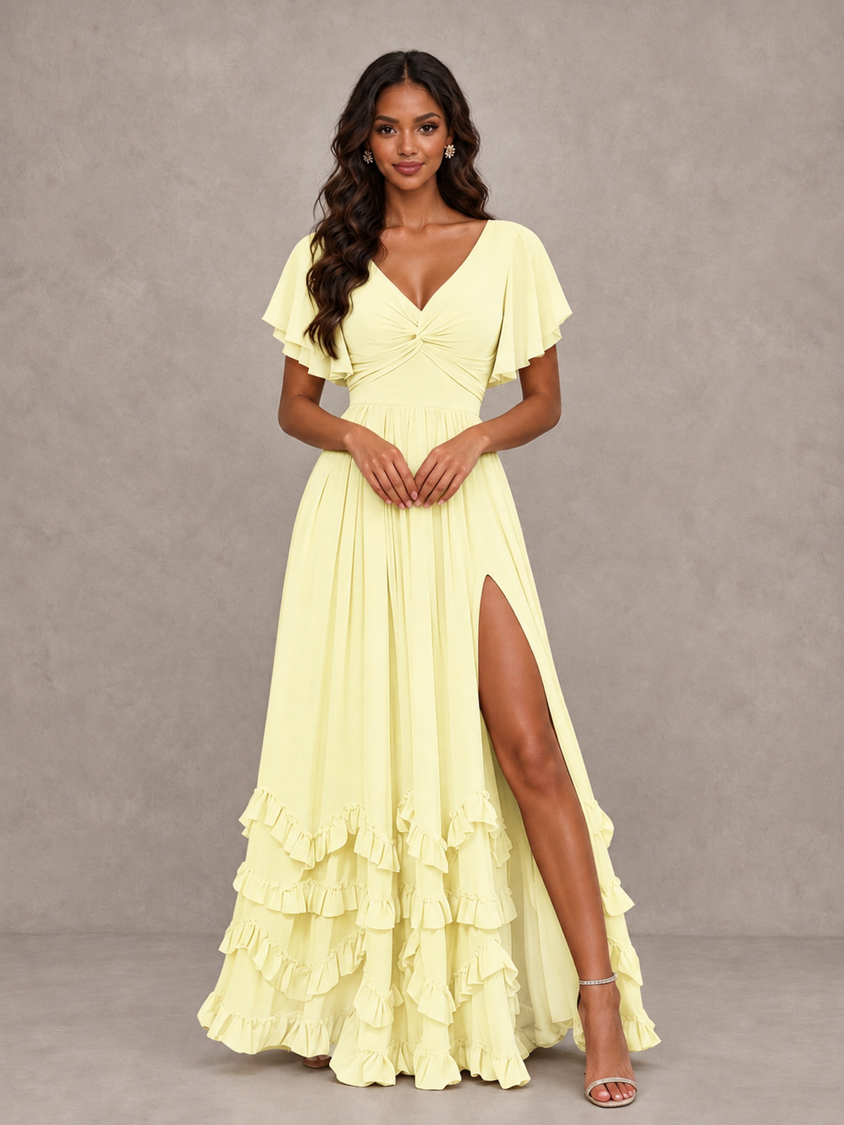 BOLODOO Light Yellow V-Neck Flutter Sleeve Ruffle Bridesmaid Dress with Slit - Light Yellow - Light Yellow (4)