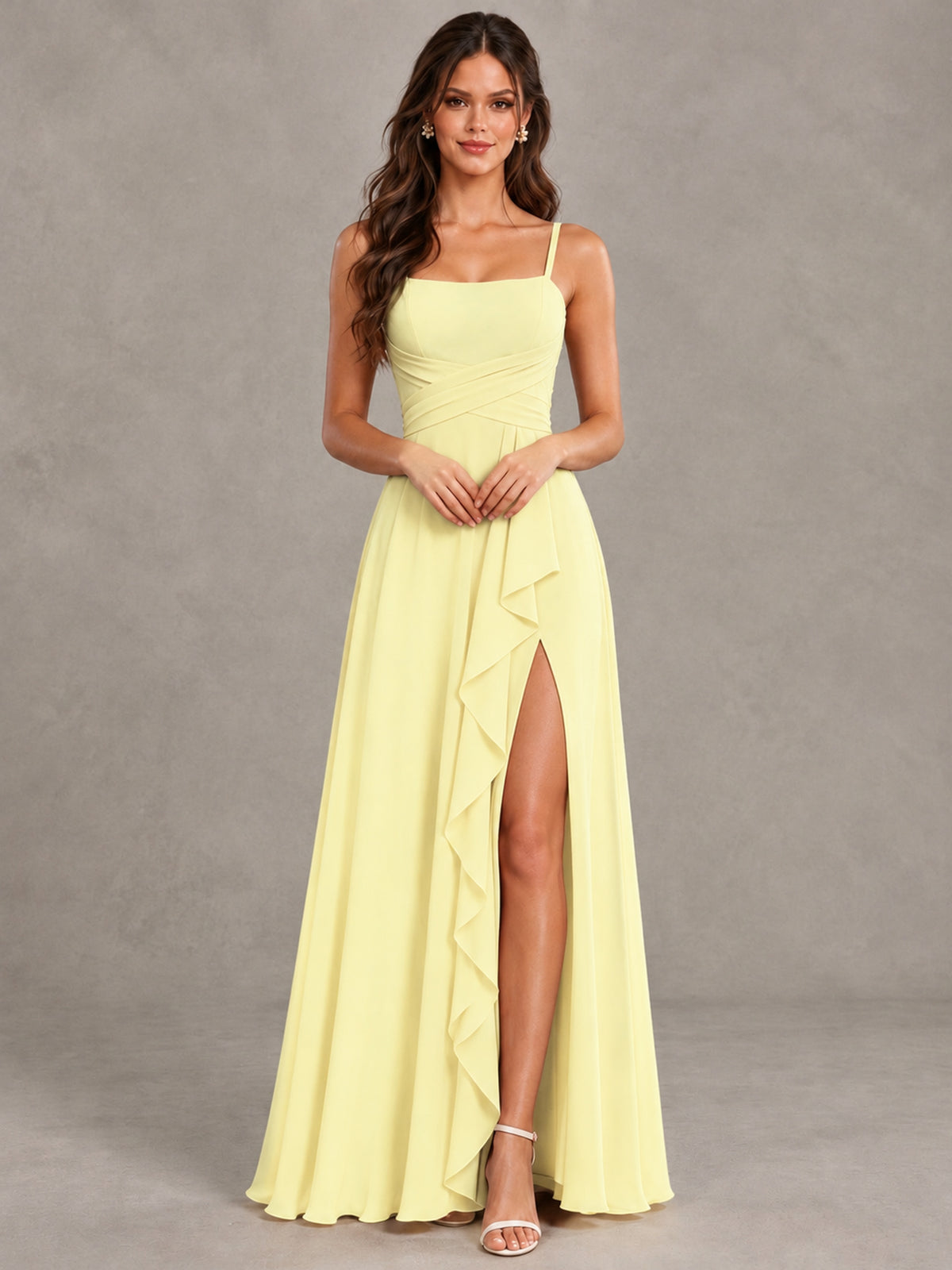BOLODOO Light Yellow Spaghetti Strap Ruffle Bridesmaid Dress with Slit - Light Yellow - Light Yellow (4)