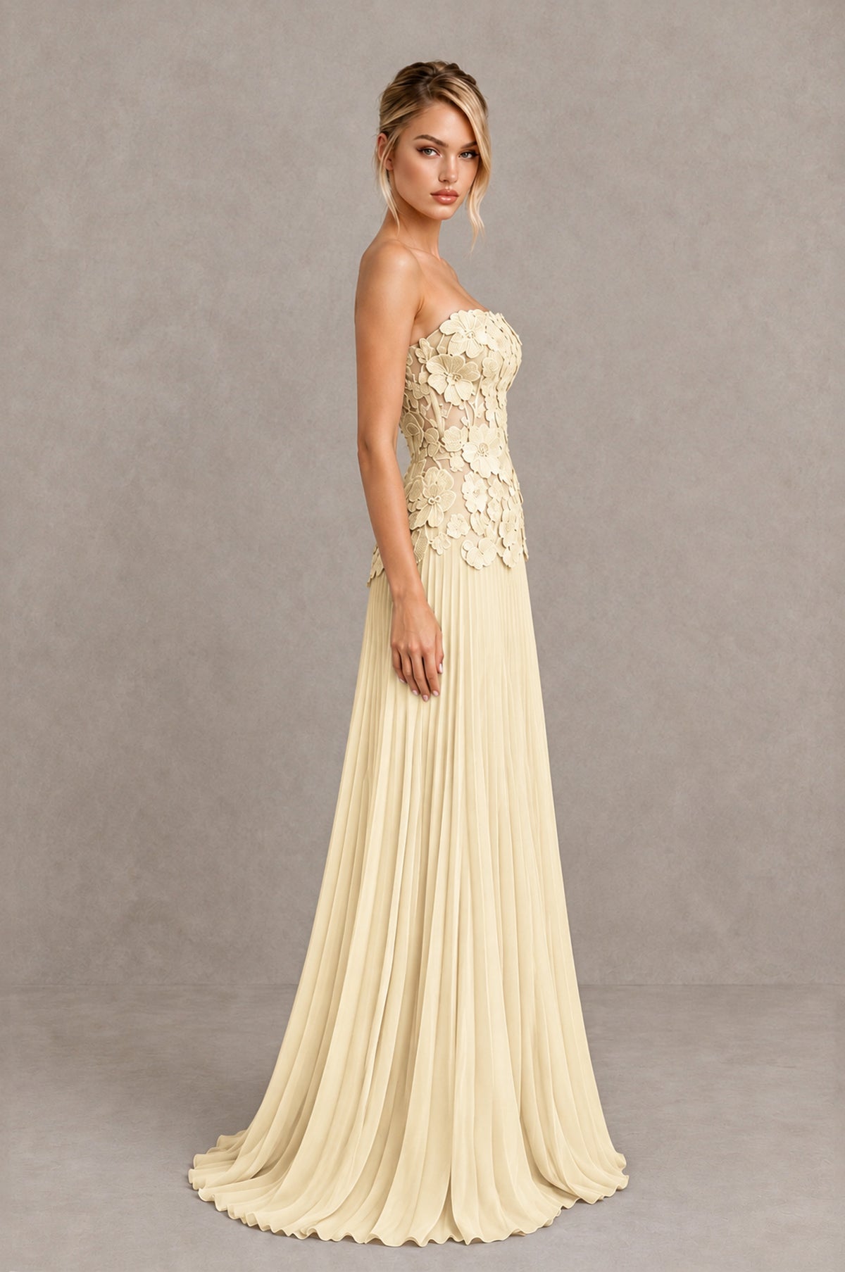 BOLODOO Light Yellow Strapless Floral Applique Pleated Evening Dress - Light Yellow - Light Yellow (4)