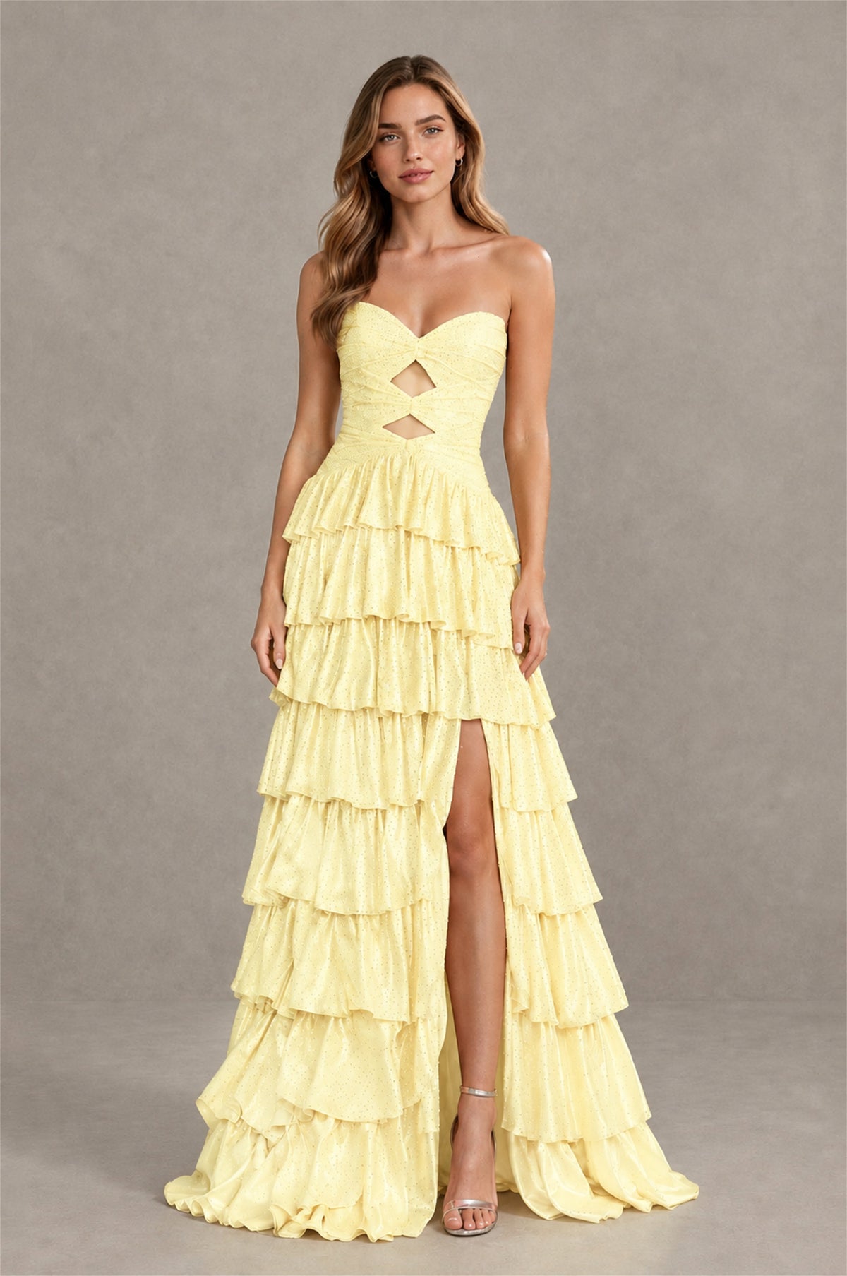 BOLODOO Light Yellow Strapless Cutout Tiered Ruffle Prom Dress with High Slit - Light Yellow - Light Yellow (4)