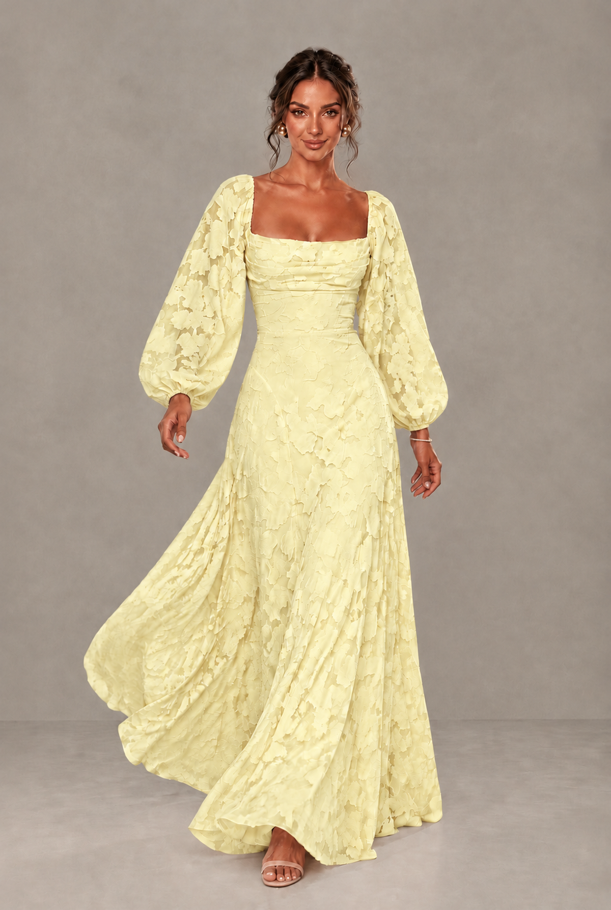 BOLODOO Floral Light Yellow Long Sleeve A-Line Dress with Lace-Up Back - Light Yellow