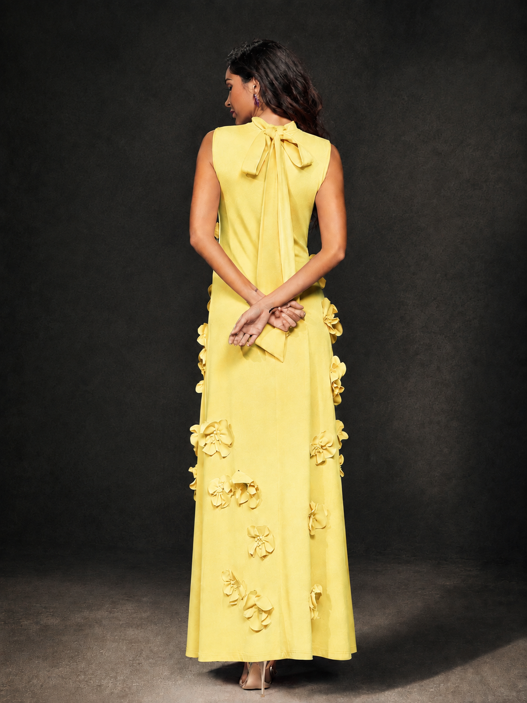 BOLODOO Light Yellow Mock Neck Sleeveless 3D Floral Appliqué Maxi Dress with Bow Back - Light Yellow