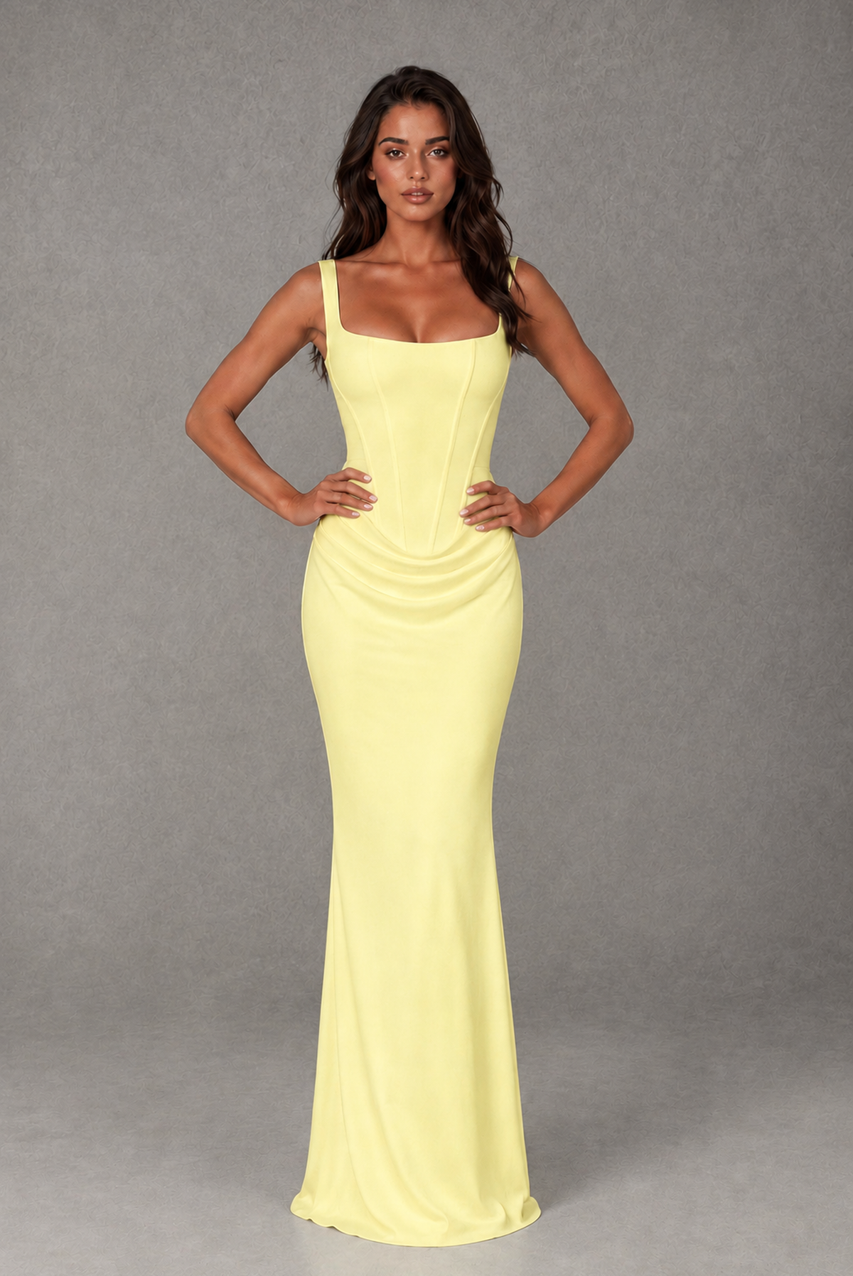 BOLODOO Light Yellow Square-Neck Lace-Up Back Bridesmaid Dress 