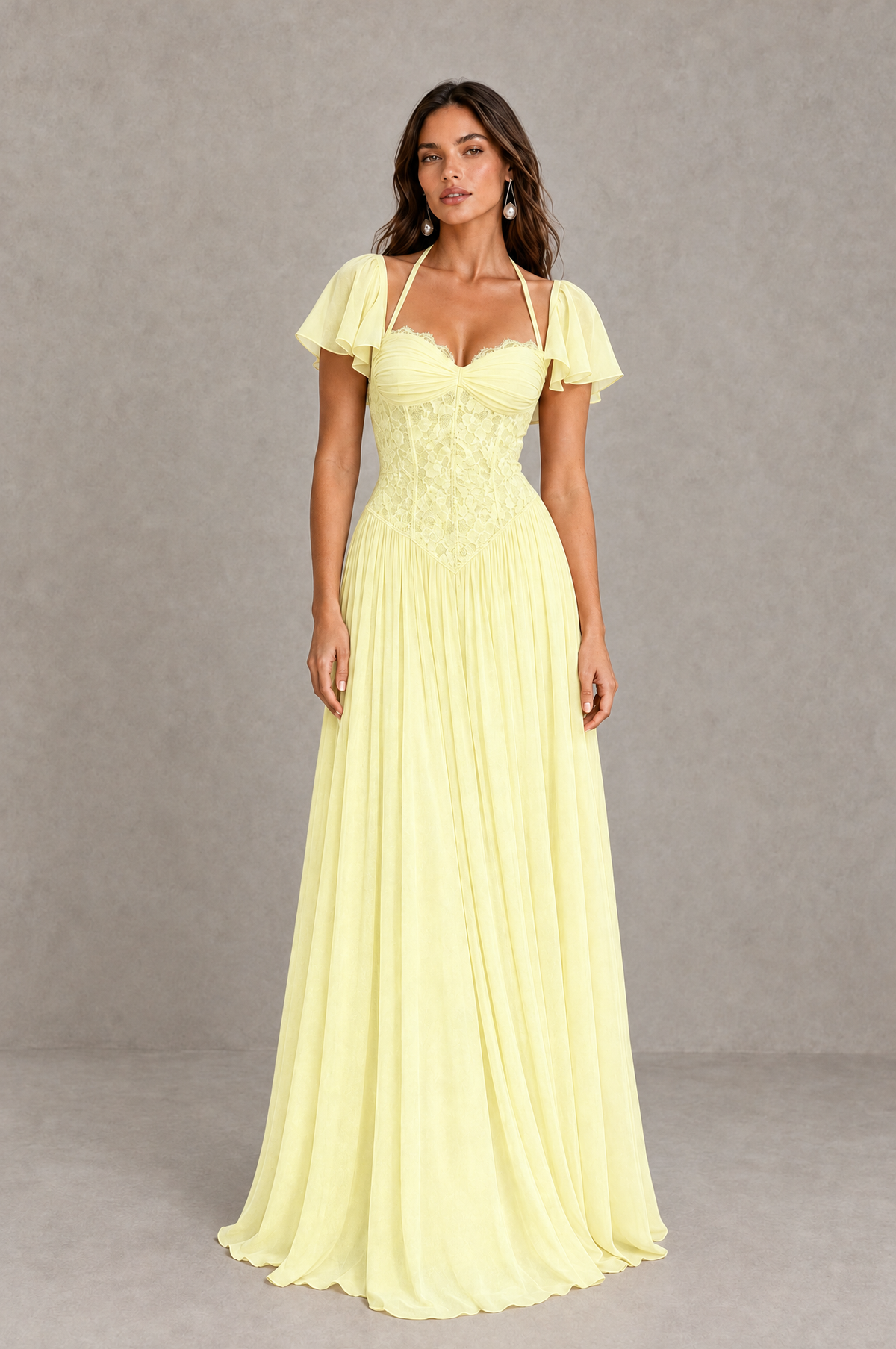 BOLODOO Light Yellow Flutter Sleeve Lace Corset A-Line Maxi Dress 