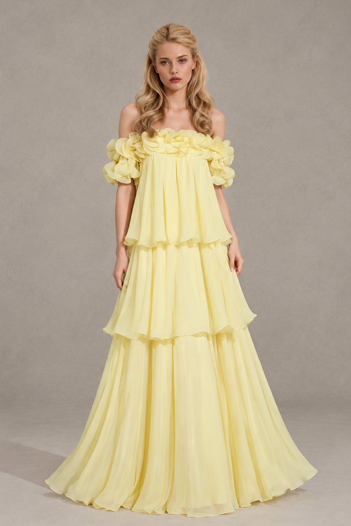 BOLODOO XX058 light yellow off-shoulder floral tiered maxi dress, full front view