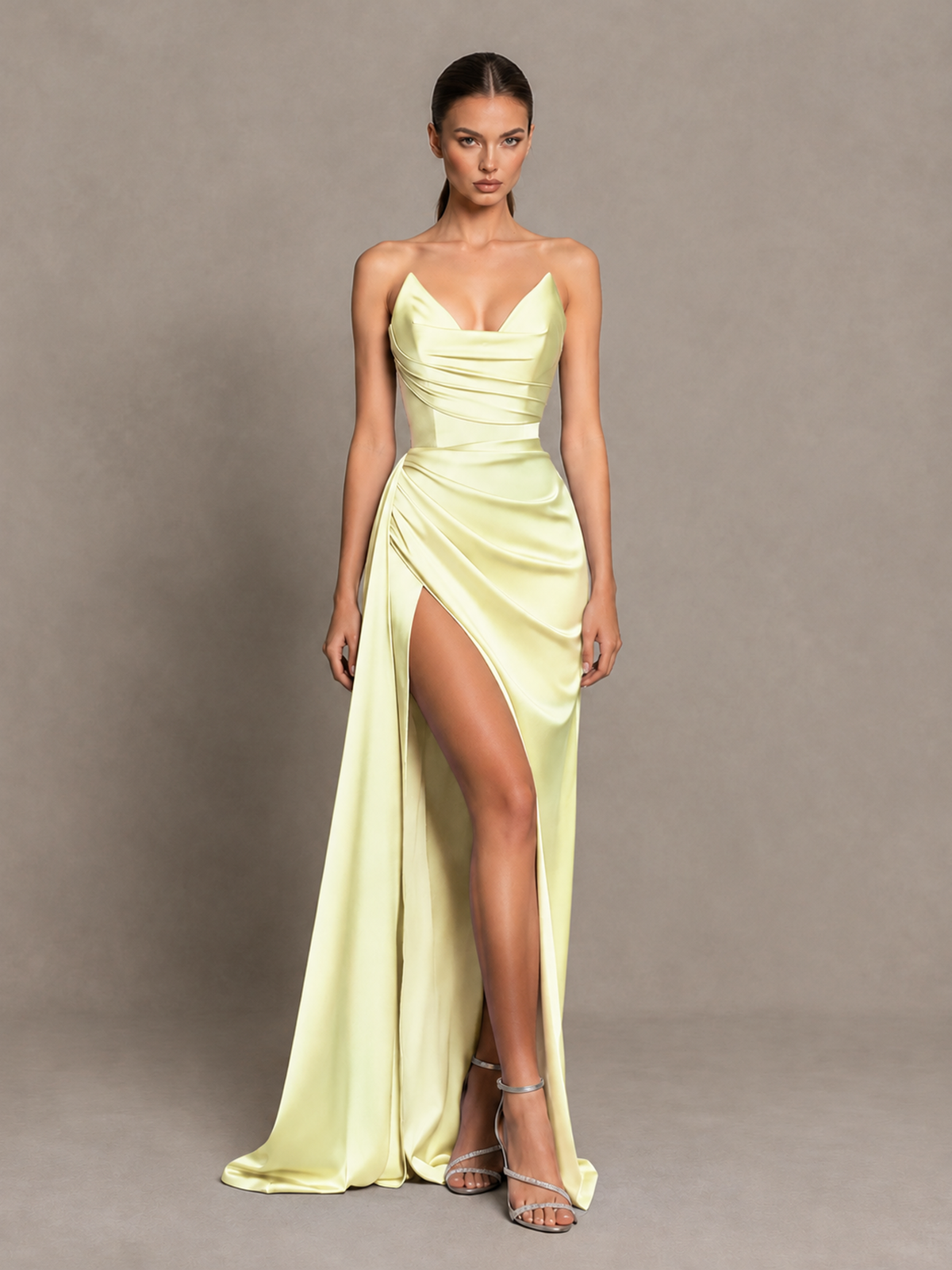 BOLODOO Light Yellow Strapless Satin High-Slit Lace-Up Prom Dress 