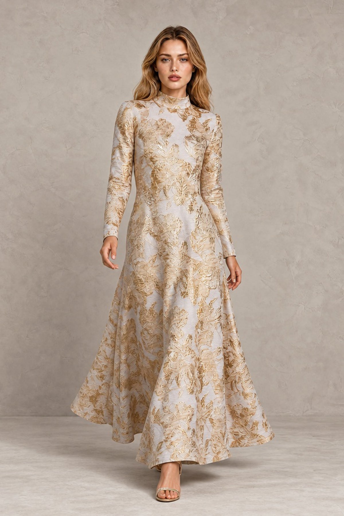 BOLODOO light yellow high neck long sleeve floral maxi dress detail