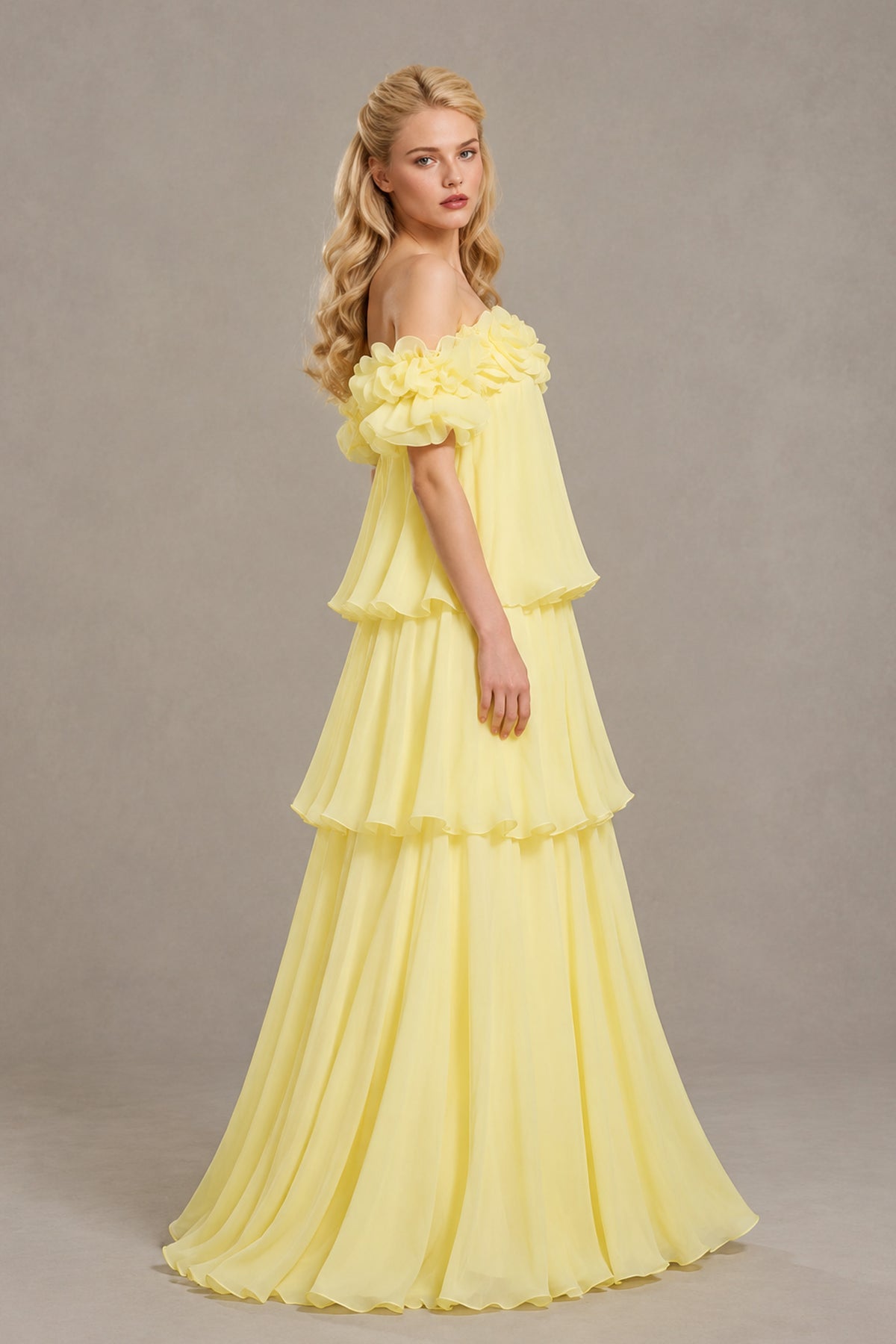 BOLODOO XX058 light yellow maxi dress, exposed upper back and lace-up bodice