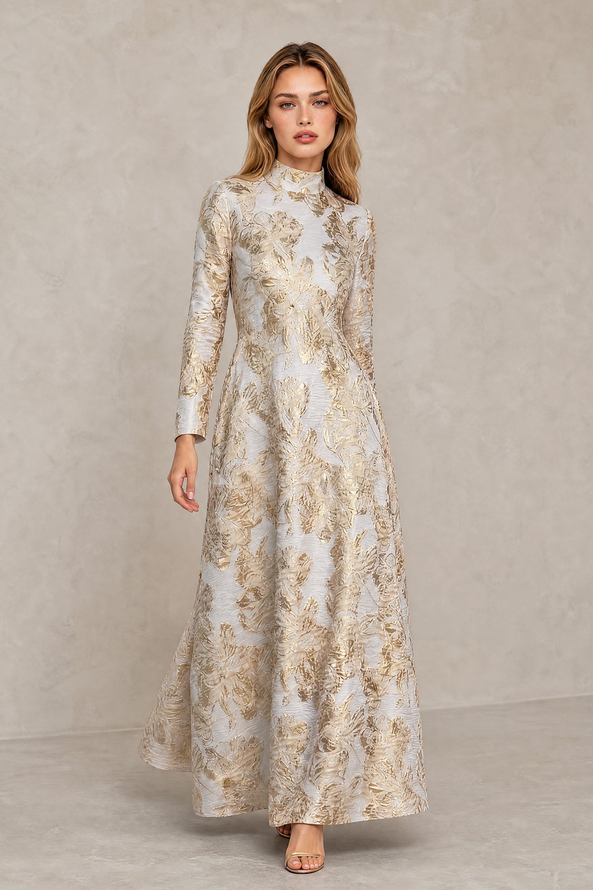 BOLODOO light yellow floral full-length maxi dress with gold floral pattern