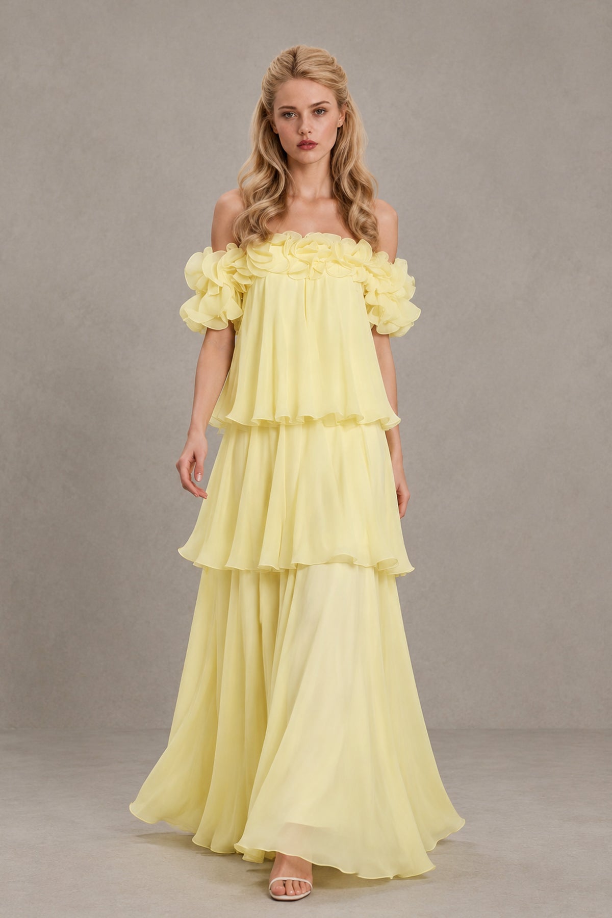 BOLODOO light yellow off-shoulder A-line maxi dress, side view of cascading tiers