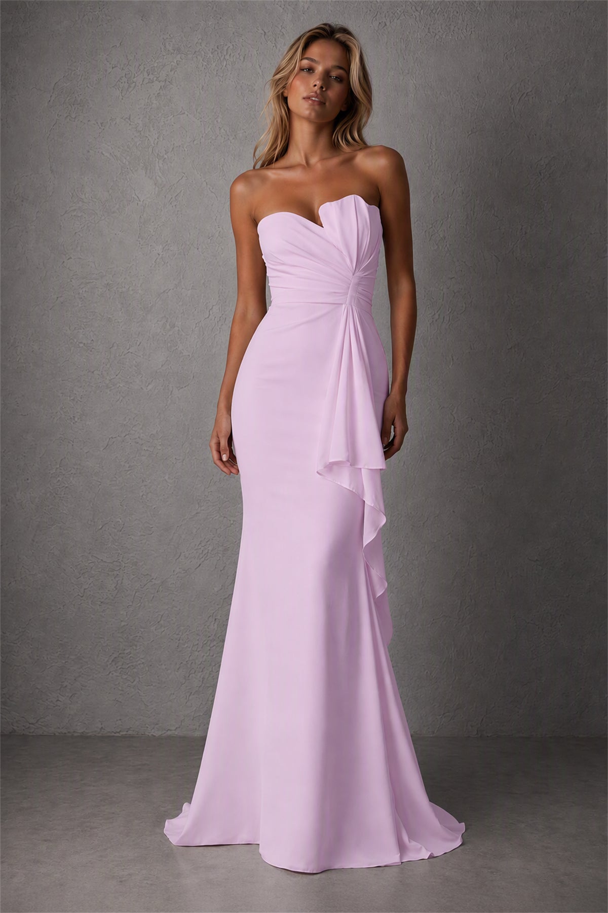 BOLODOO Lilac Strapless Sweetheart Ruched Mermaid Gown | Cascade Drape Formal Evening Dress - Lilac