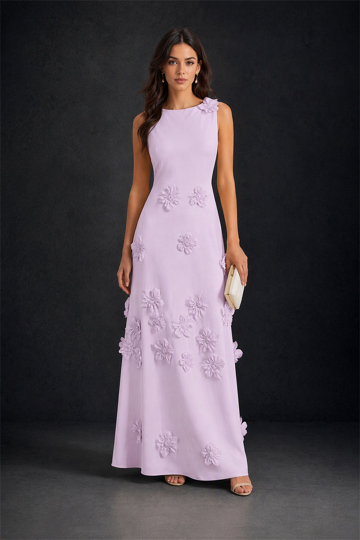 BOLODOO Lilac 3D Floral Appliqué Sleeveless Maxi Dress - Lilac