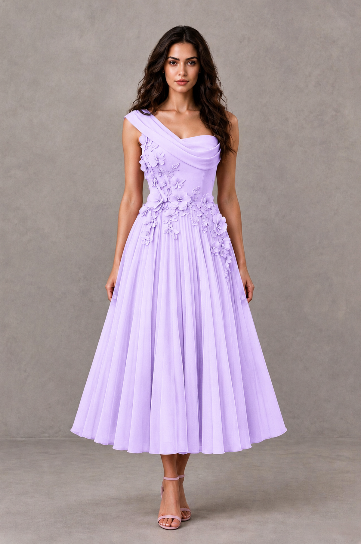 BOLODOO Lilac One-Shoulder Floral Tulle Tea-Length Dress - Lilac - Lilac_01