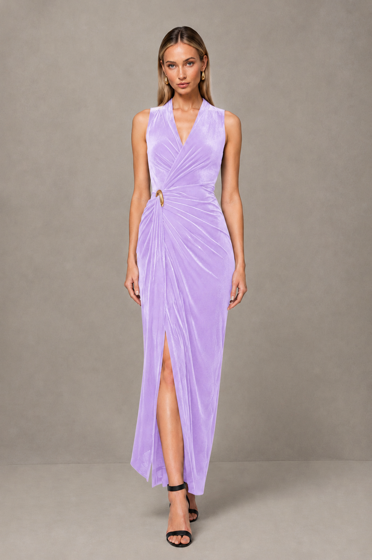 BOLODOO Lilac Velvet-Look Sleeveless V-Neck Ruched Slit Maxi Dress - Lilac - Lilac_01