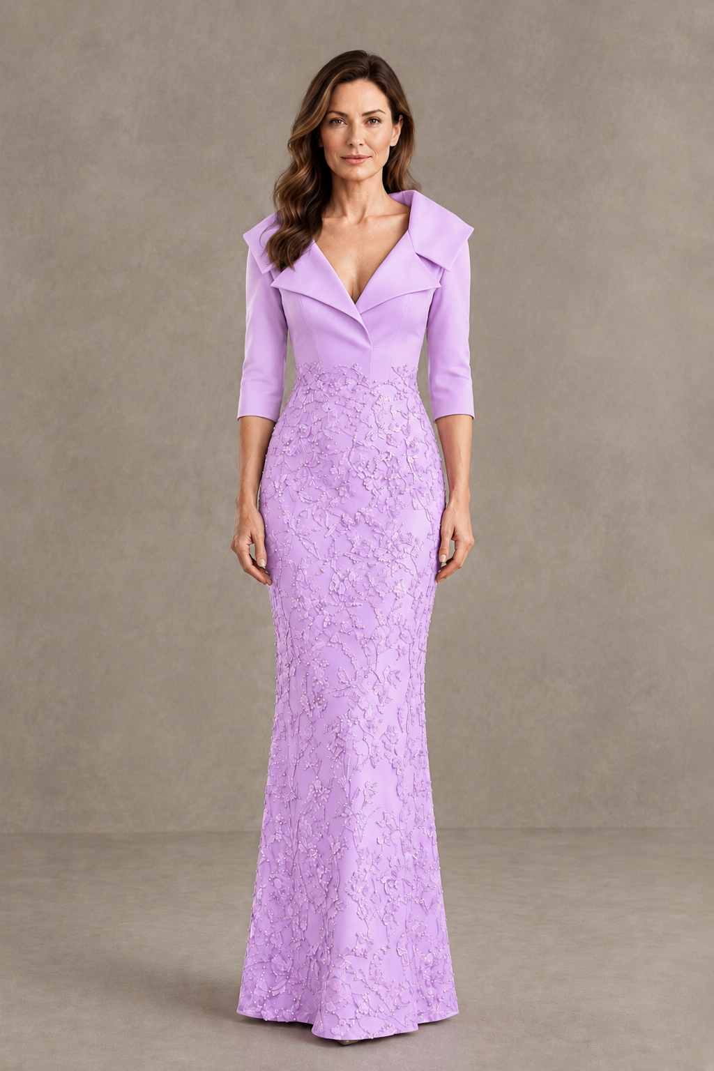 BOLODOO Lilac Three-Quarter Sleeve Mermaid Evening Dress with Floral Detail - Lilac - Lilac_01