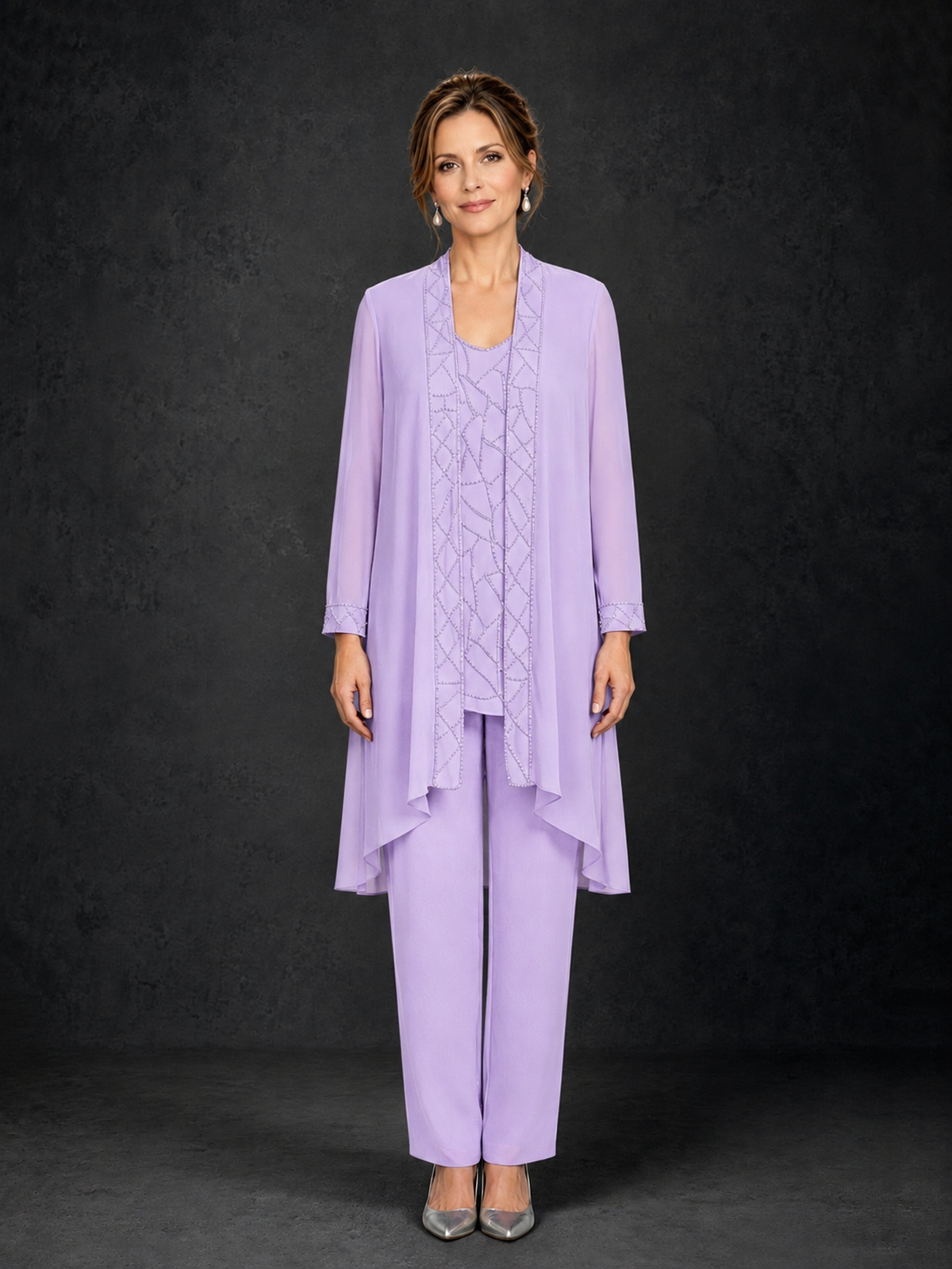 BOLODOO Lilac 3-Piece Beaded Chiffon Duster Jacket Pant Suit - Lilac - Lilac_01