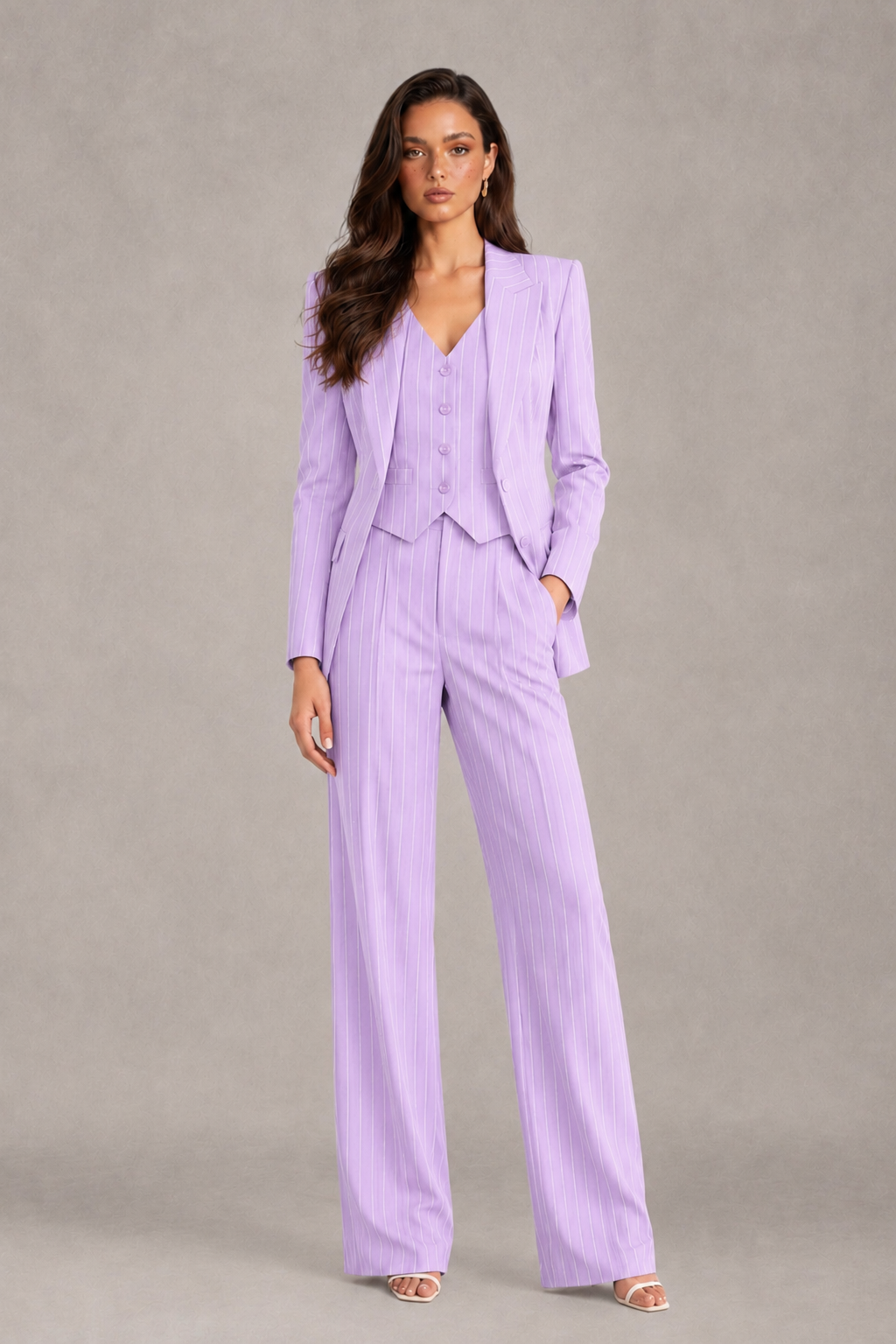 BOLODOO Women's Lilac Pinstripe Three-Piece Pantsuit with Wide-Leg Trousers - Lilac - Lilac_01