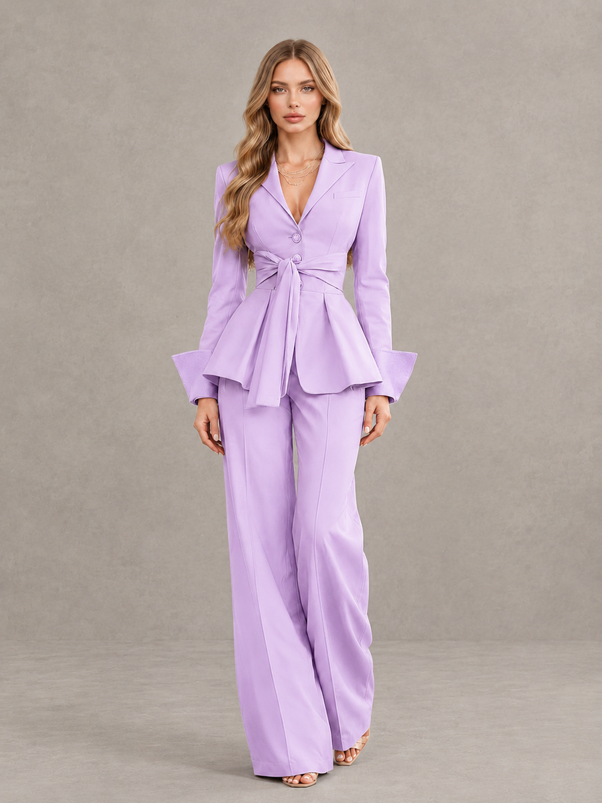 BOLODOO Lilac Belted Peplum Pantsuit with Long Sleeves & Wide-Leg Trousers - Lilac - Lilac_01