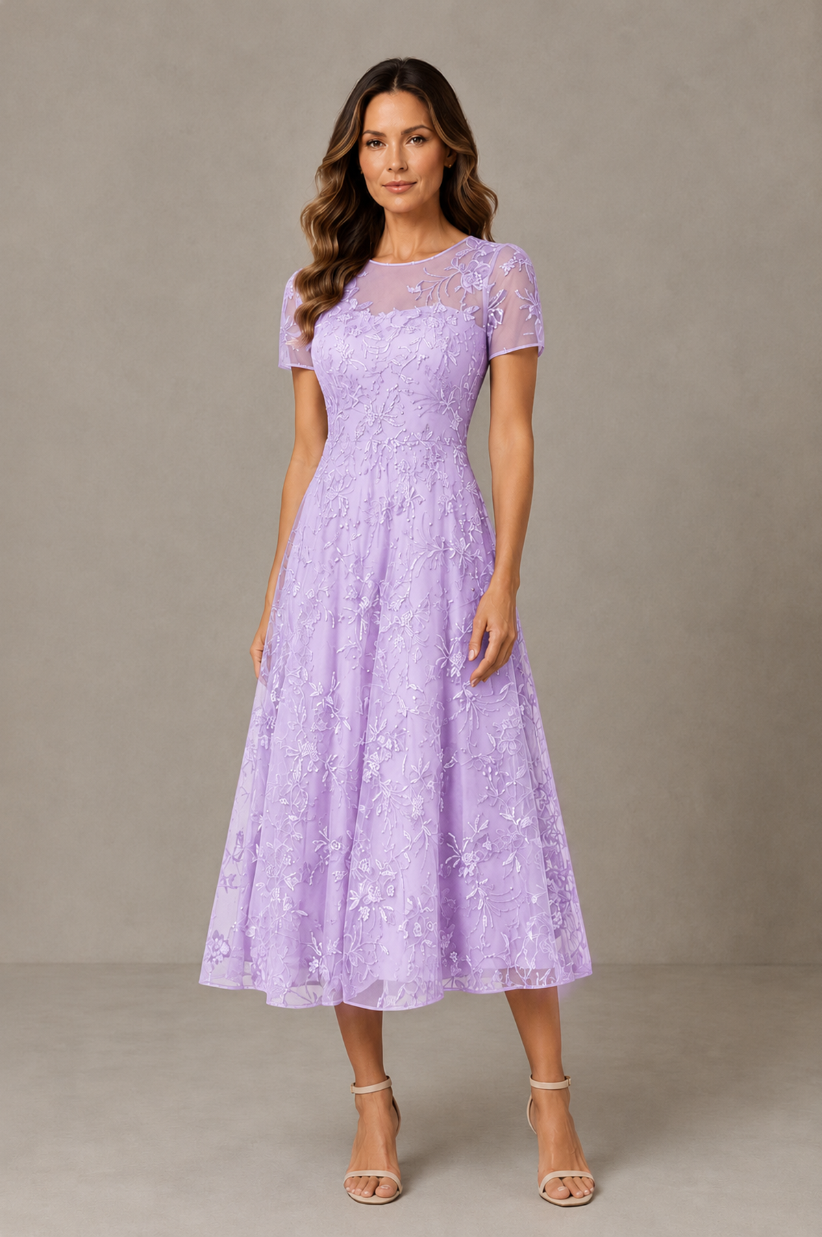 BOLODOO Lilac Textured Floral A-Line Dress with Short Sleeves - Lilac - Lilac_01