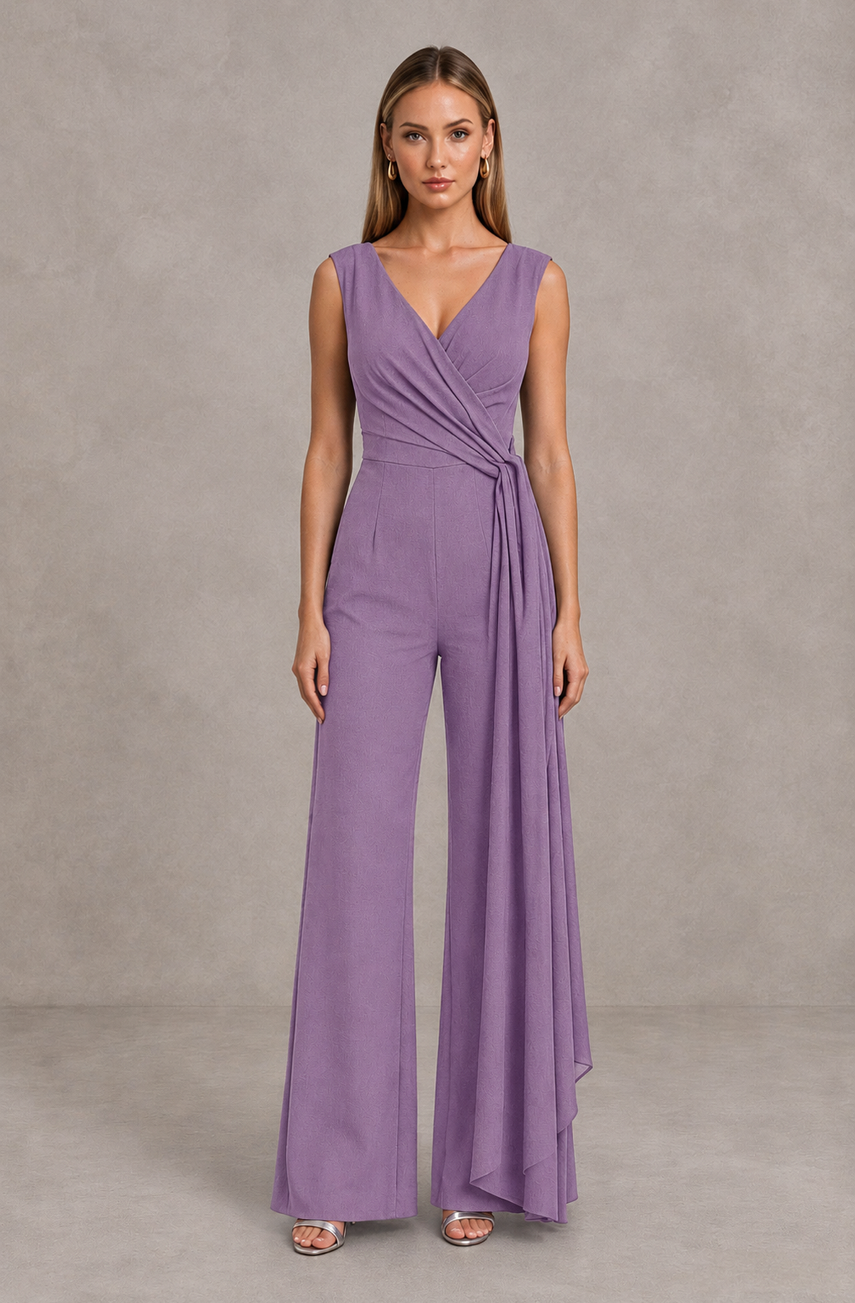 BOLODOO Lilac Sleeveless V-Neck Wide-Leg Jumpsuit with Side Drape - Lilac - Lilac_01