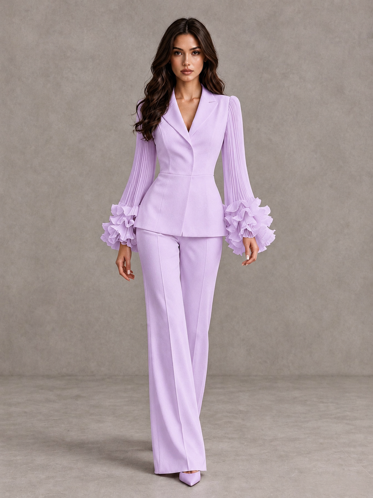 BOLODOO Lilac Mother of the Bride Pant Suit – Pleated Long Sleeve Ruffle Cuff Wide Leg Trouser Suit - Lilac - Lilac_01