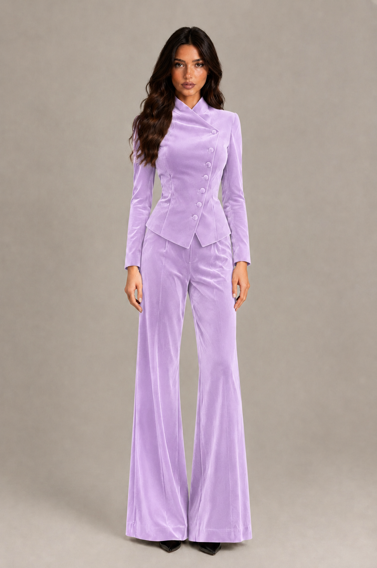BOLODOO Lilac Velvet Two-Piece Pantsuit with Long Sleeve Blazer & Wide-Leg Trousers - Lilac - Lilac_01